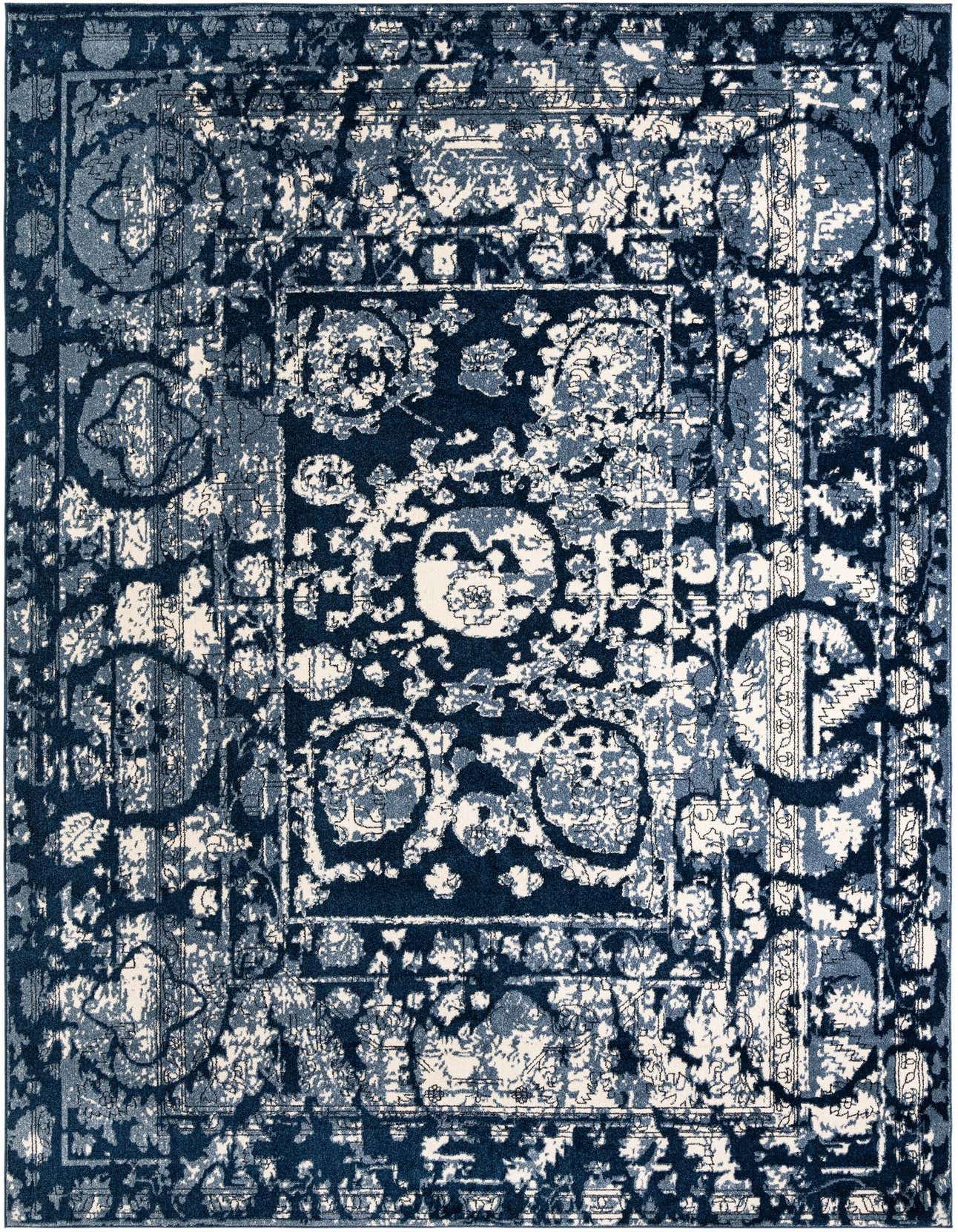A rectangular Rugs.com Miranda Palace Rug in shades of blue and off-white, featuring an eclectic medallion and botanical pattern.