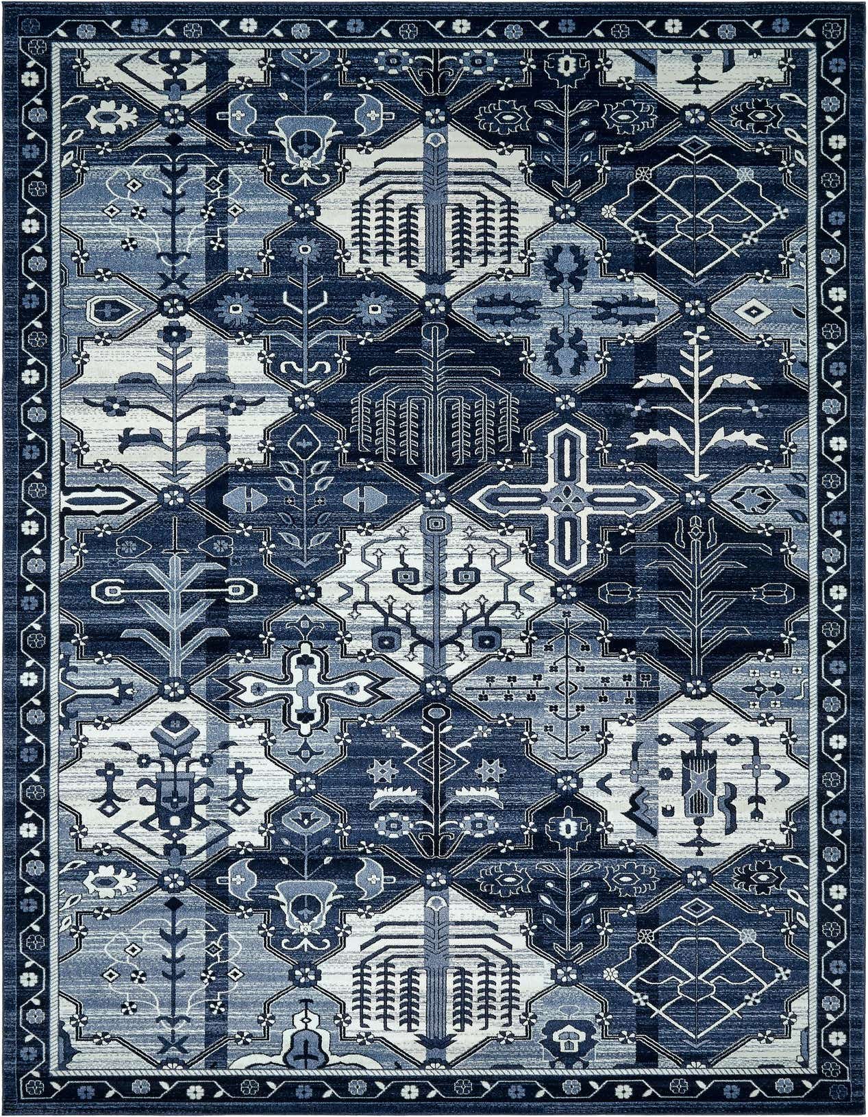 Rectangular Rugs.com Miranda Palace Rug in shades of blue with a complex bohemian and botanical pattern, featuring a distinct border.