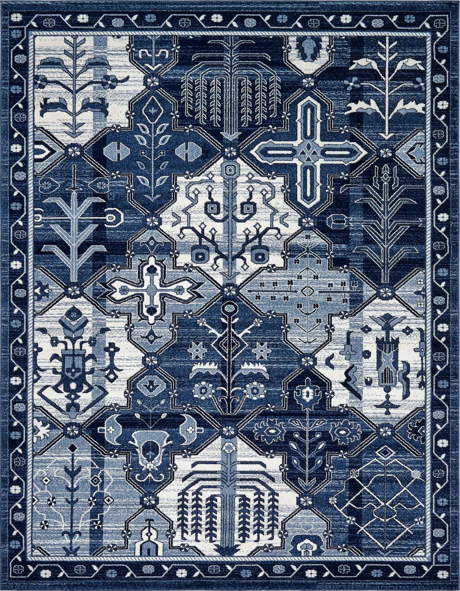 An 8x10 rectangular area rug with a complex bohemian and traditional pattern in various shades of blue and white.
