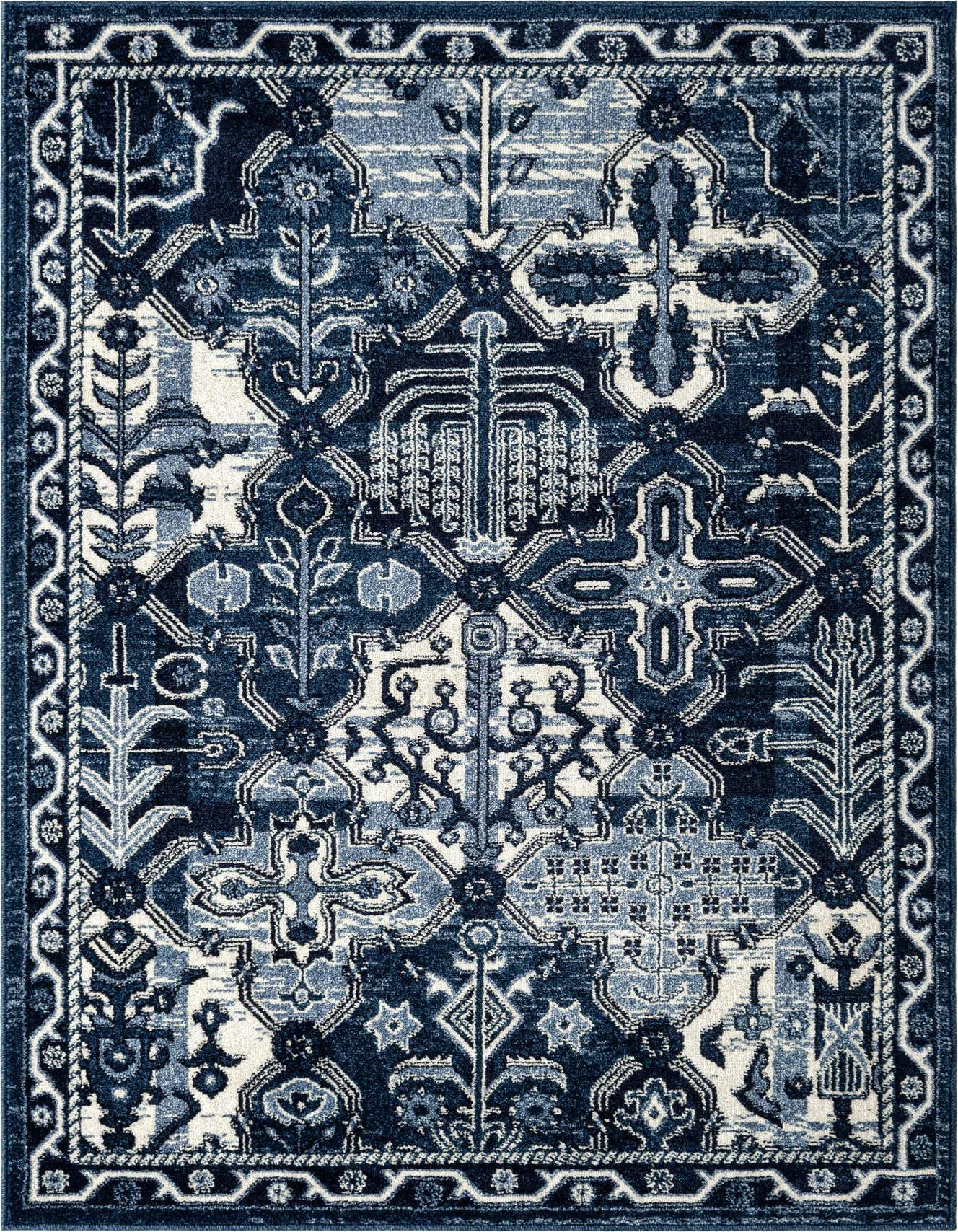 A 4x6 rectangular Rugs.com Miranda rug featuring a distressed bohemian and traditional botanical pattern in various shades of blue and cream.