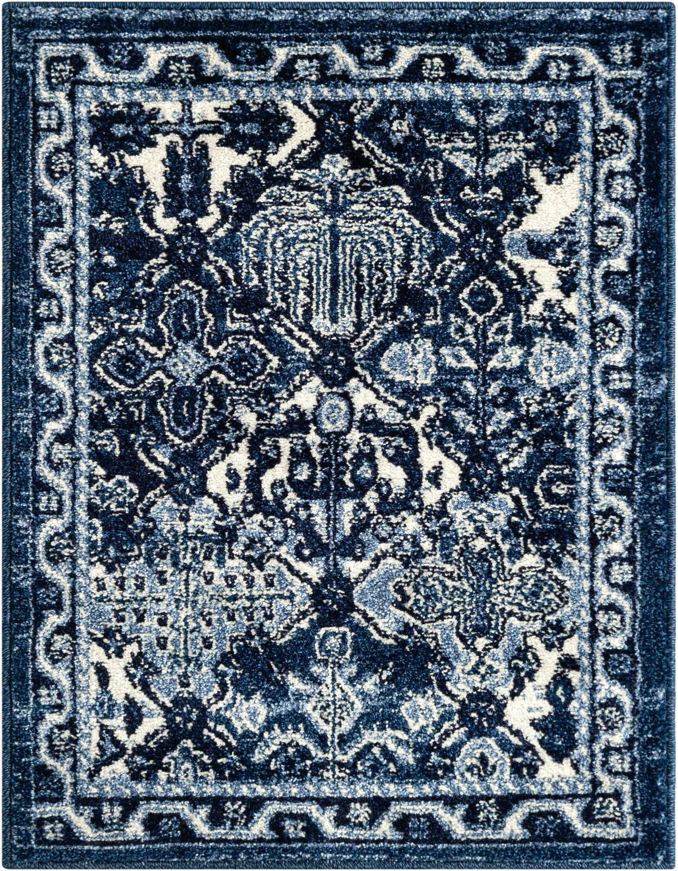 A 2x3 rectangular Rugs.com Miranda rug in varying shades of blue and white with a distressed traditional botanical pattern and border.