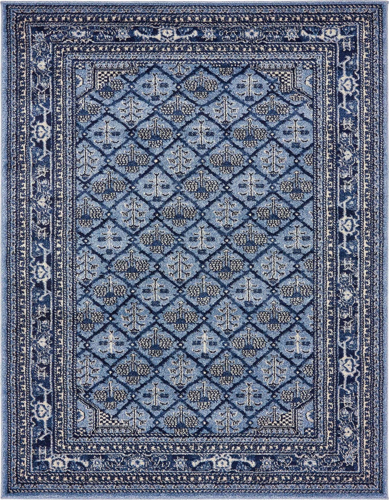 A 4x6 rectangular blue area rug with a traditional botanical pattern and a detailed border, suitable for a living room.
