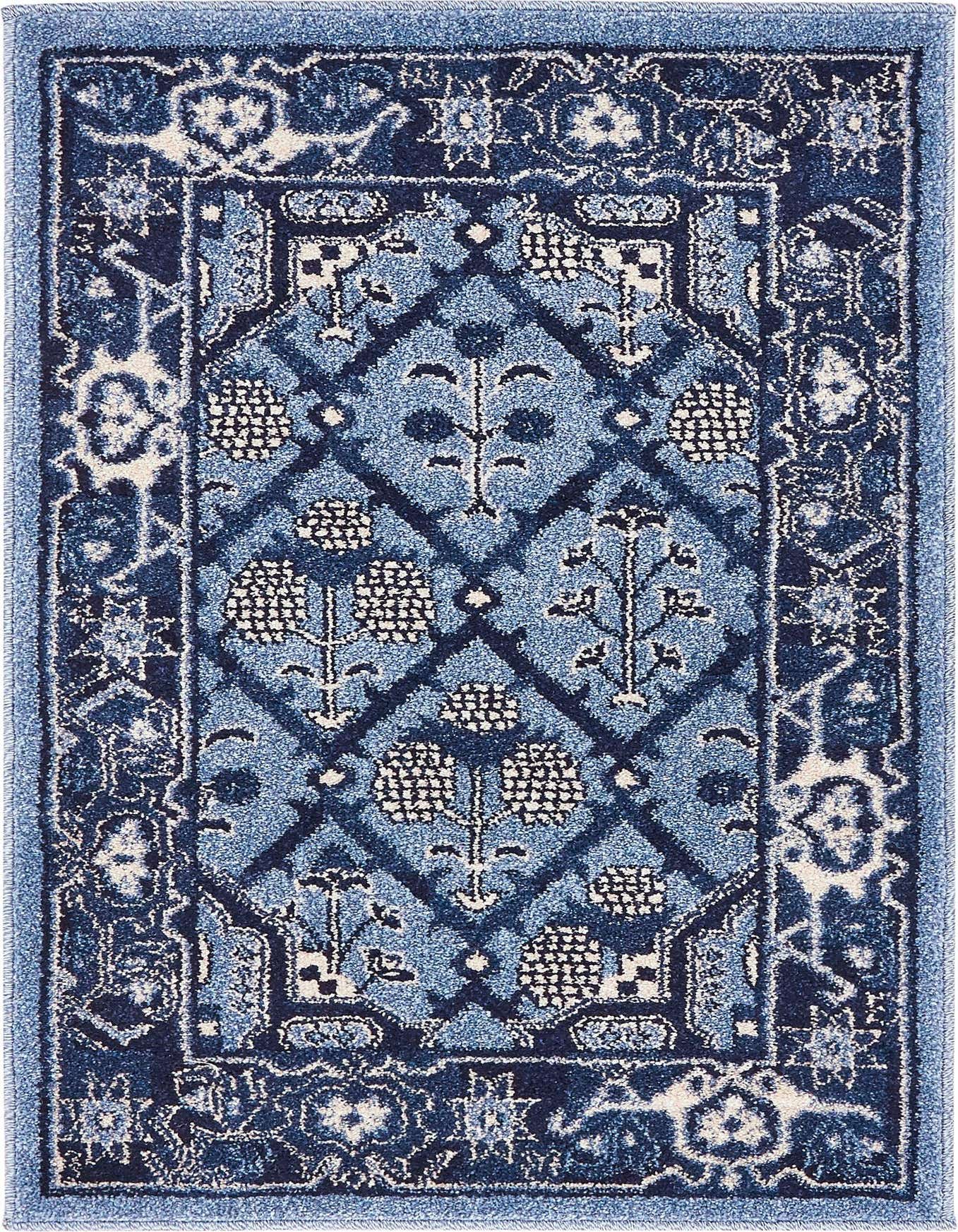 A 2x3 rectangular Rugs.com Miranda rug featuring a traditional botanical pattern in various shades of blue and cream.