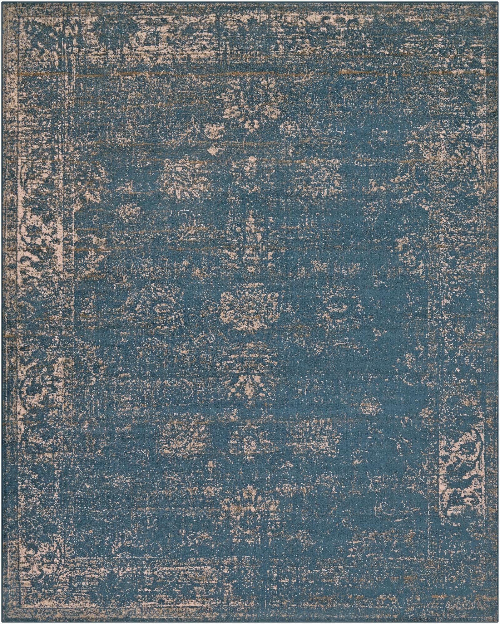 An 8x10 rectangular Monte Carlo rug featuring a distressed blue and beige medallion pattern, suitable for a living room.