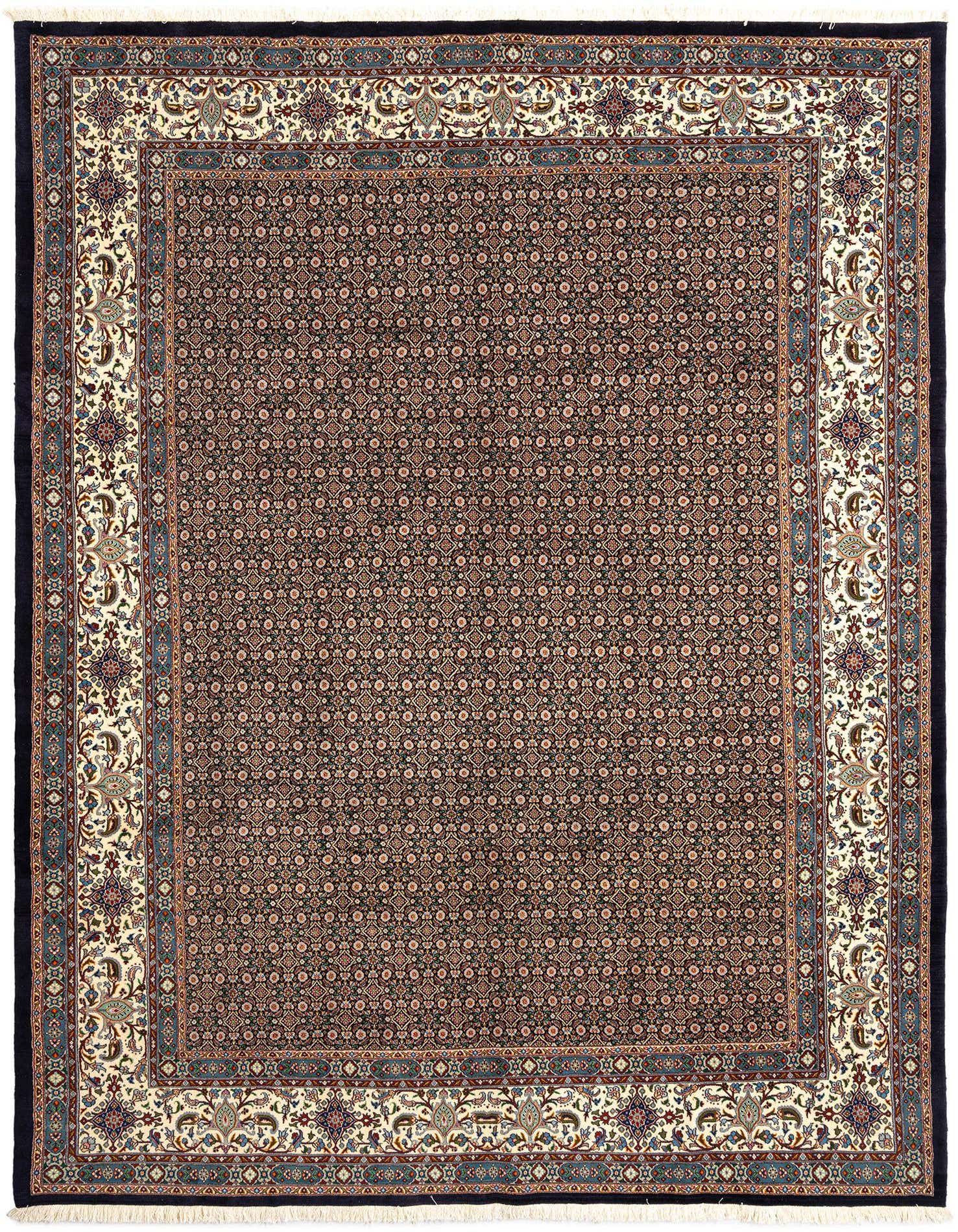 A rectangular 8x11 Mood Persian rug in shades of blue and cream, featuring intricate floral and medallion patterns, ideal for a living room or dining room.
