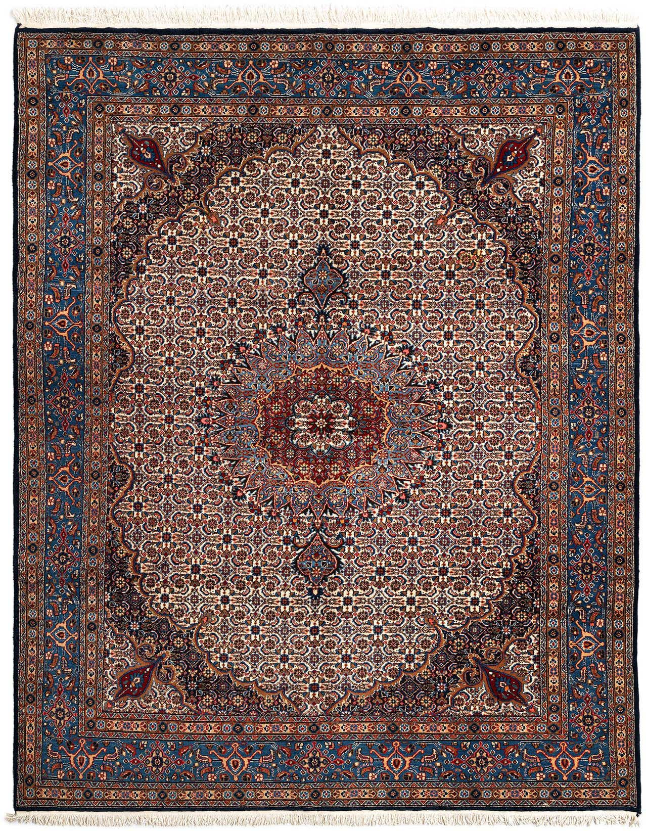 A 7x10 rectangular Mood collection Persian rug by Rugs.com, featuring intricate blue, red, and cream traditional patterns with a central medallion and ornate border.