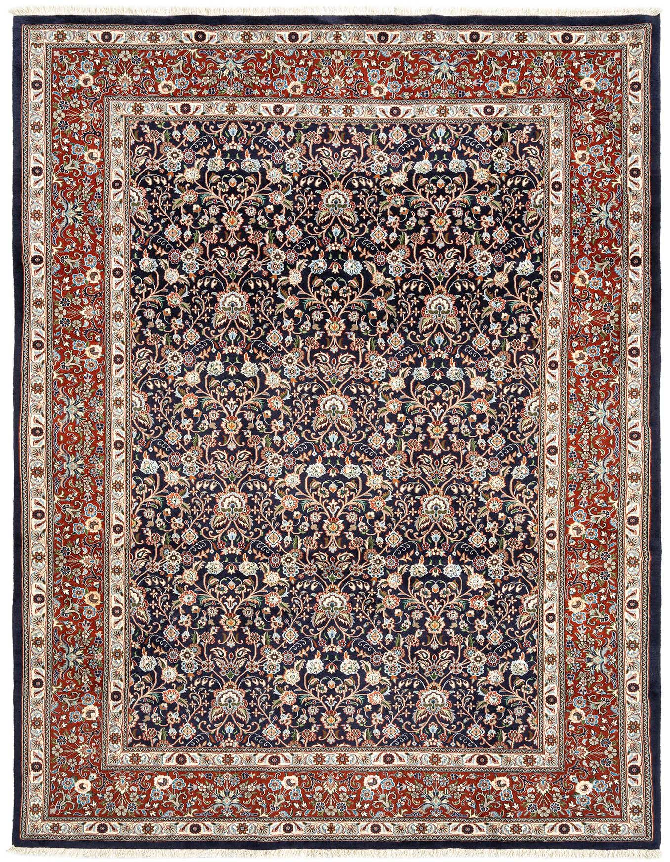 A 7x10 rectangular Mood collection Persian rug with a deep blue field and intricate floral patterns, bordered by rich red and cream accents.