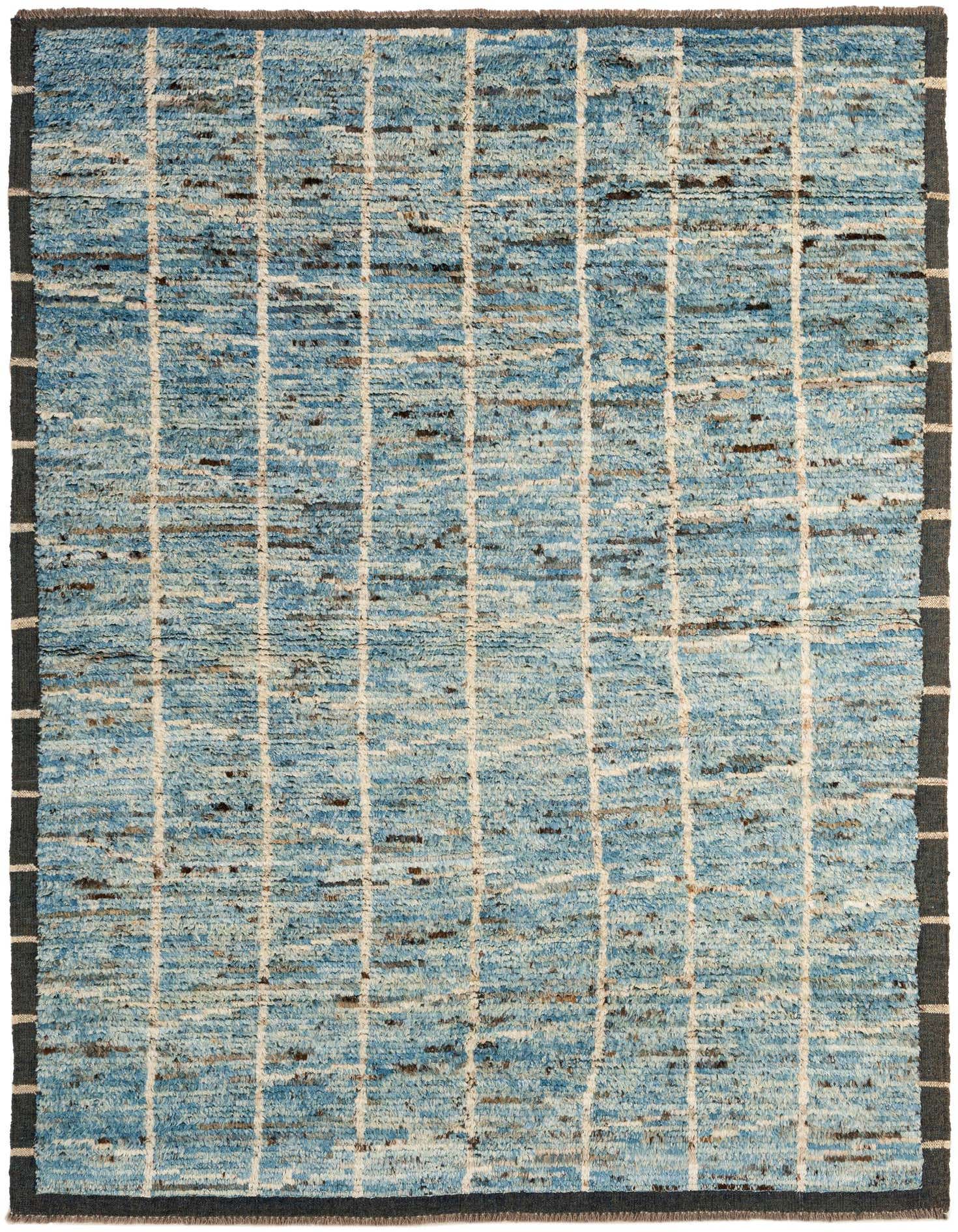 A 5x7 rectangular Moroccan tribal rug featuring a textured blue field with an irregular grid pattern and a dark border.