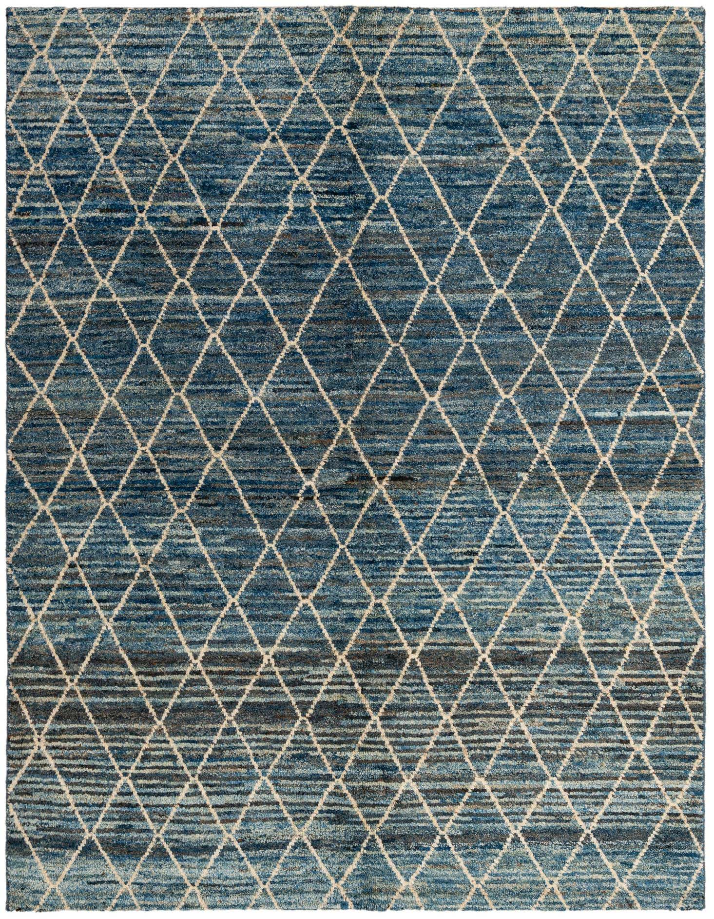 A 5x8 rectangular blue wool rug featuring a repeating diamond pattern in light beige, suitable for various indoor rooms.