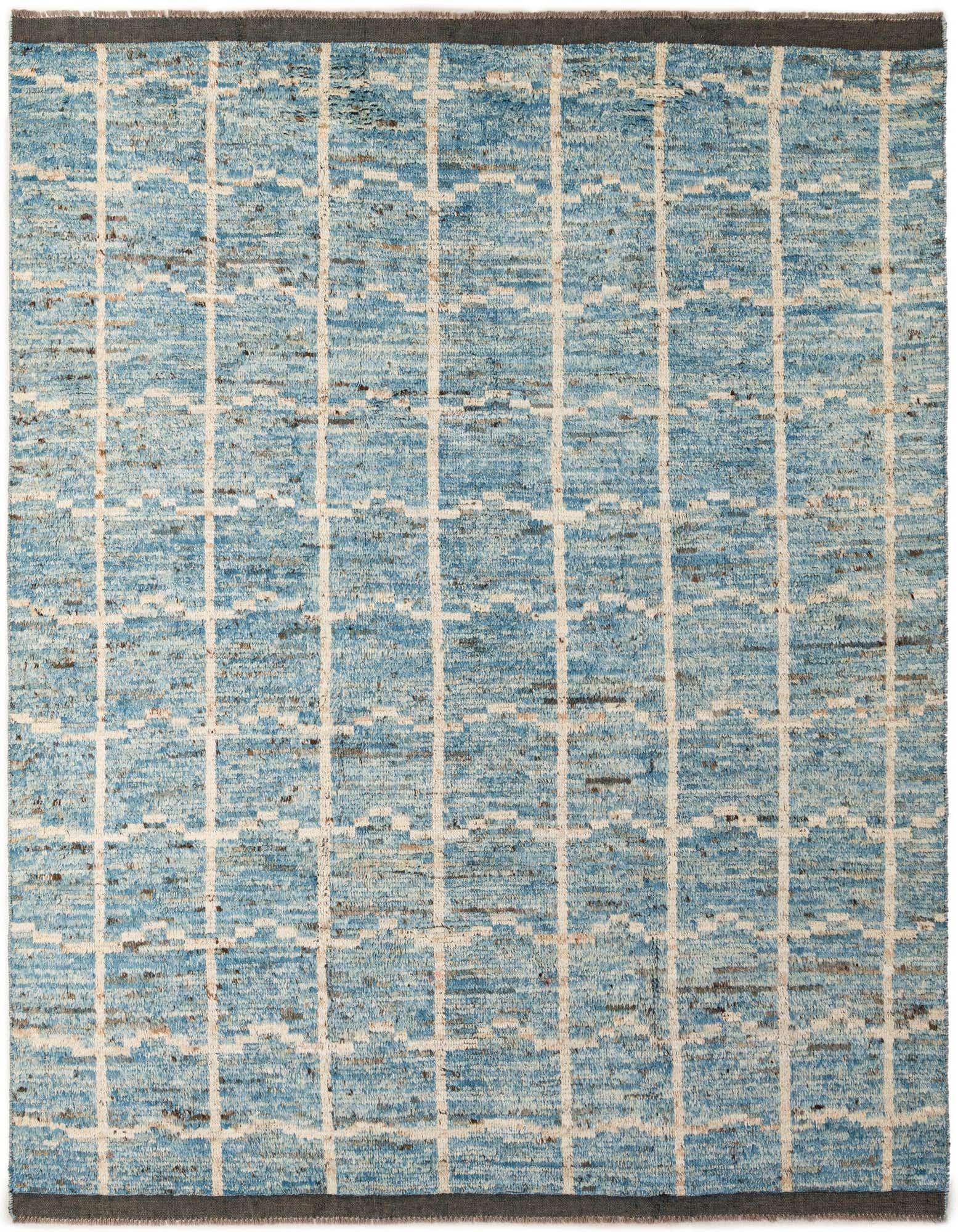 A rectangular 8x10 blue wool rug with a modern tribal grid pattern and a dark border, suitable for a living room.