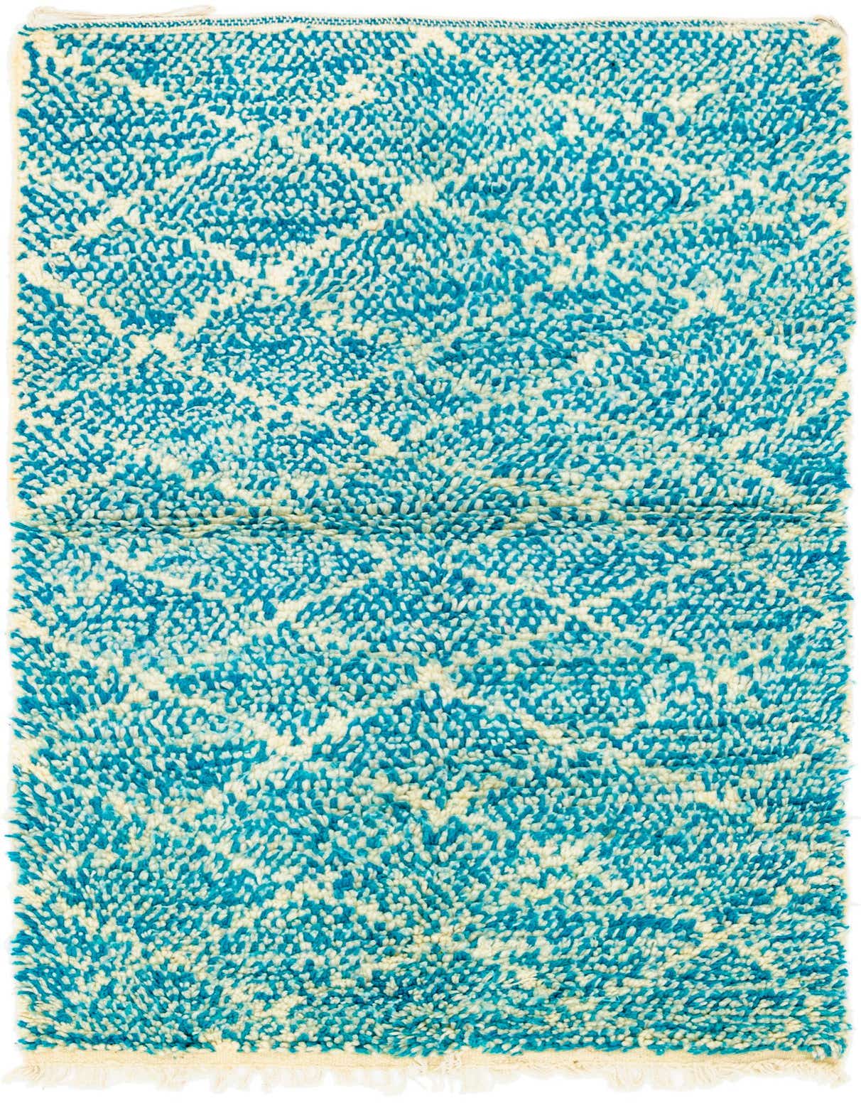 A 3x5 rectangular Moroccan shag rug with a vibrant blue and off-white abstract tribal pattern.