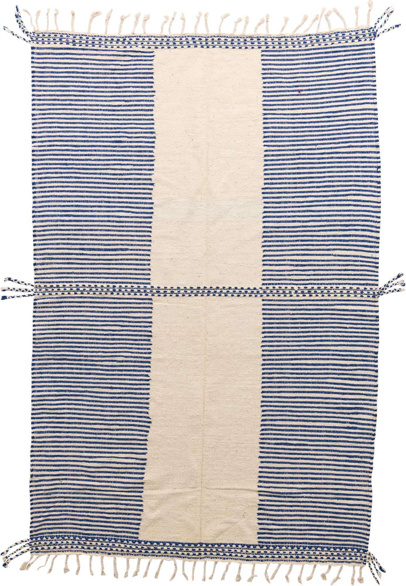 A 7x10 rectangular Moroccan shag rug in blue and cream with horizontal stripes and a central cream panel, featuring decorative tassels.