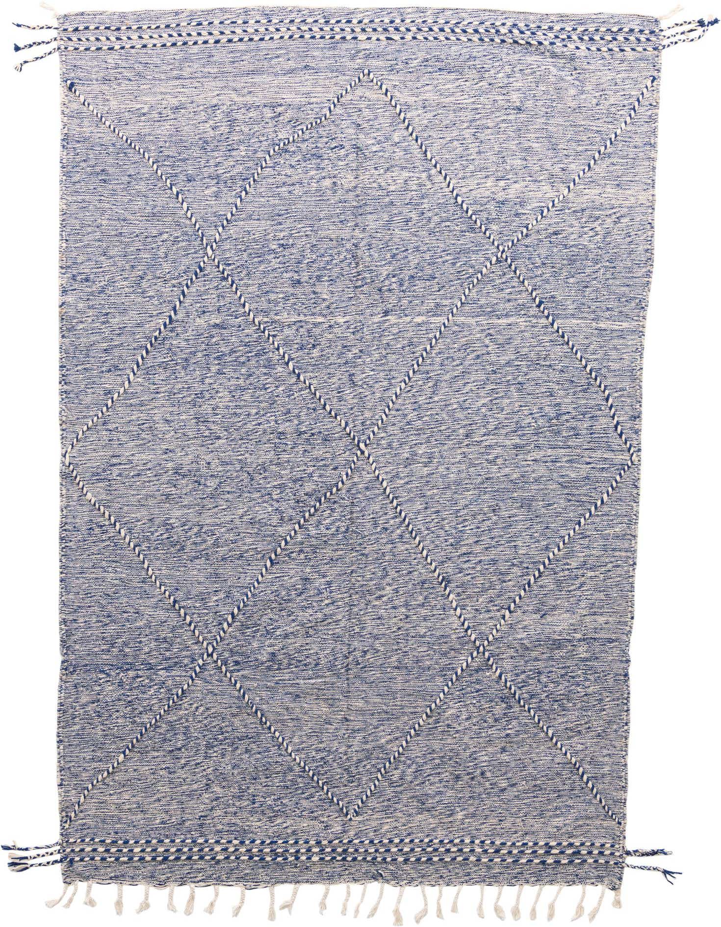 A 6x9 rectangular blue and white tribal shag rug with a diamond pattern and braided ends.