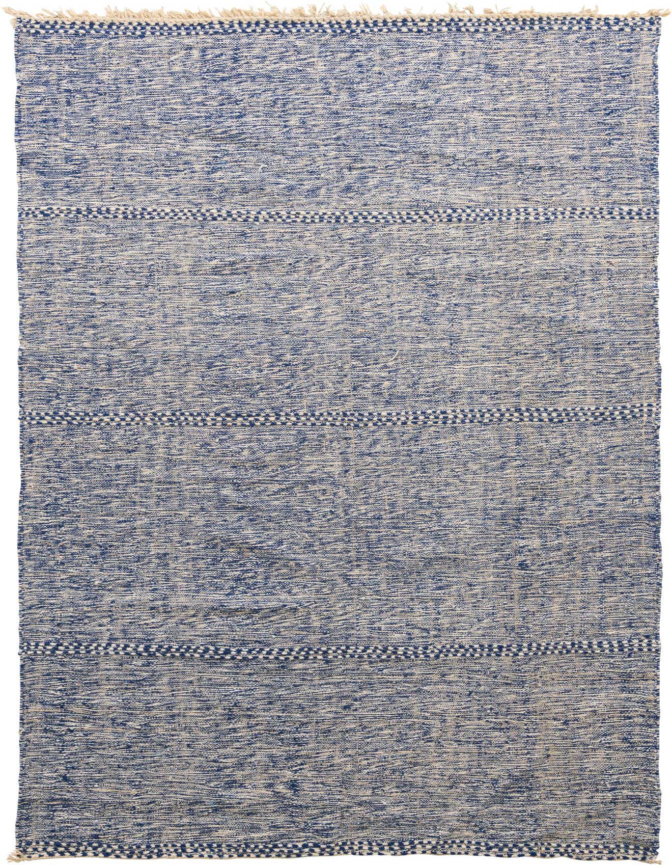 A 6x9 rectangular blue and cream tribal shag rug with horizontal striped patterns and fringe.