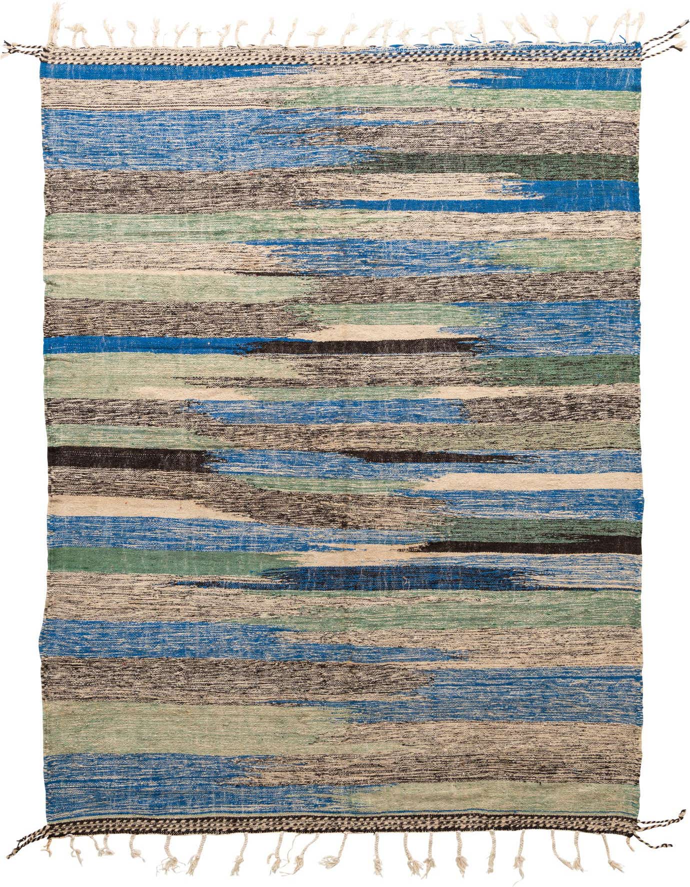 A 6x9 rectangular Moroccan shag rug with abstract blue, green, black, and beige horizontal stripes, featuring white tassels.