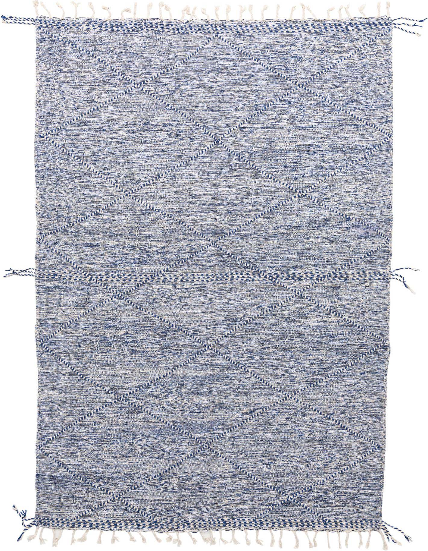 A 7x10 rectangular blue wool shag rug with a modern tribal diamond pattern and fringe.