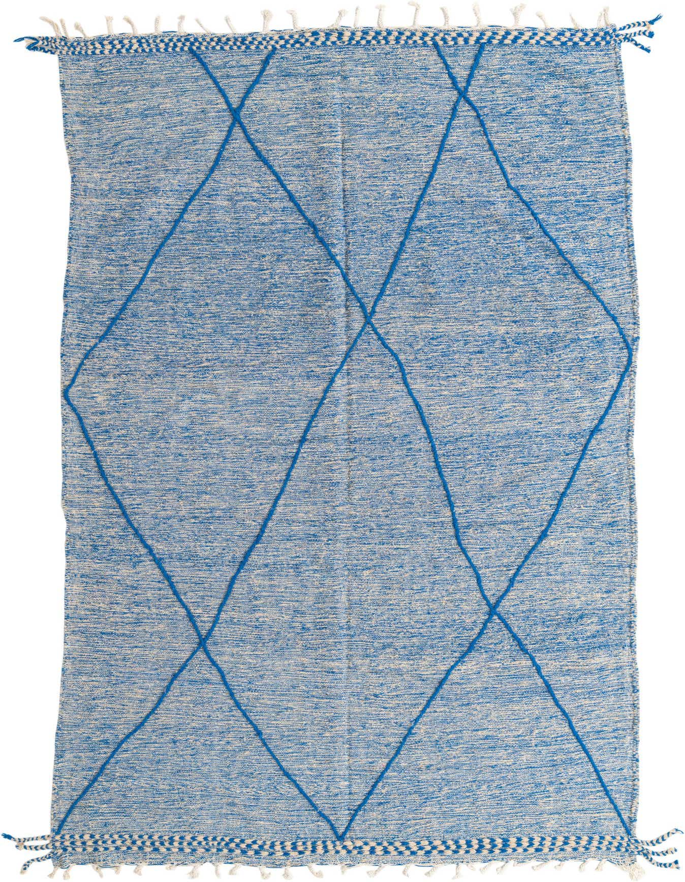 A 6x9 rectangular blue wool shag rug with a modern tribal diamond pattern and decorative fringe.