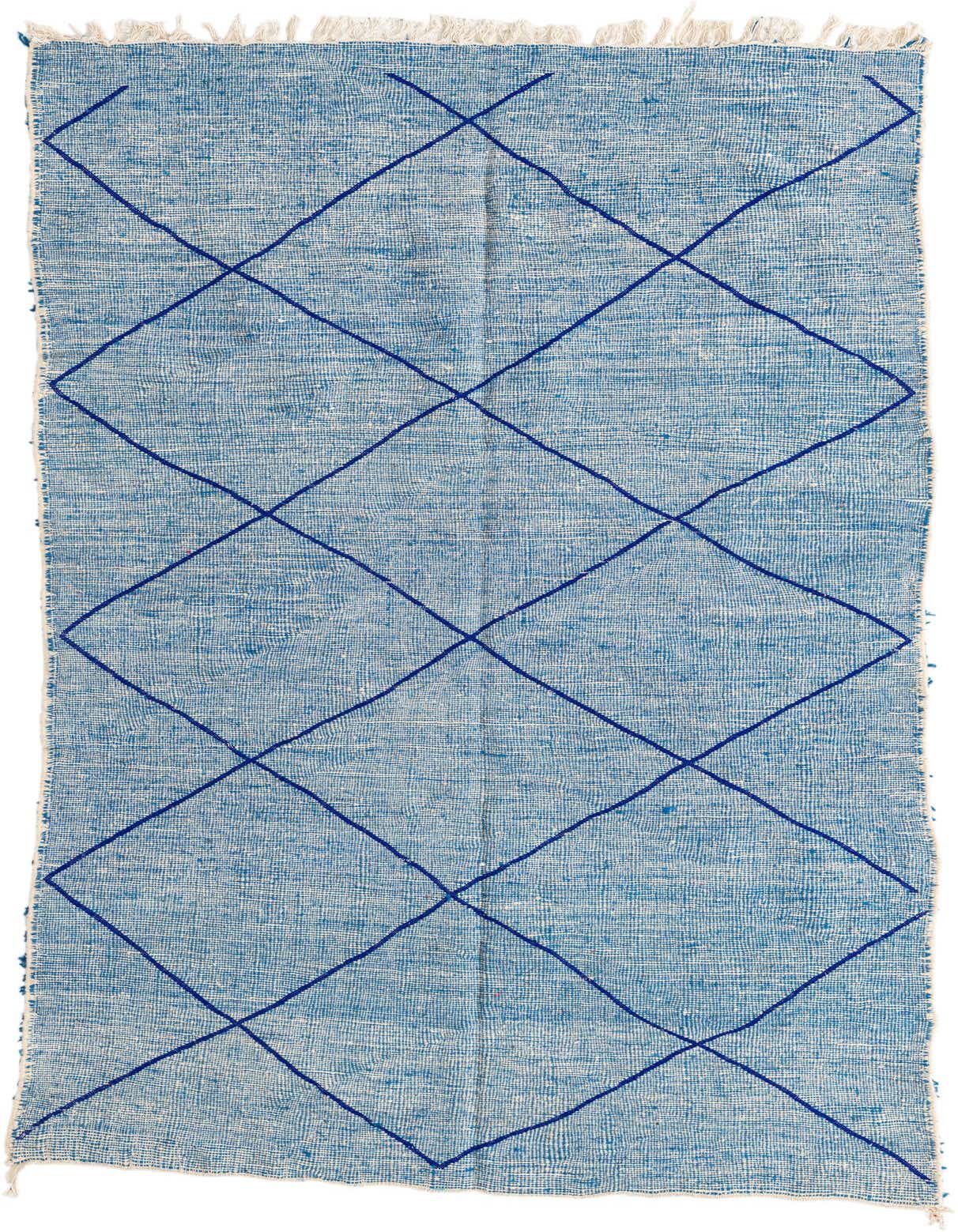 A 5x8 rectangular blue Moroccan shag rug with a dark blue tribal diamond pattern and fringe.