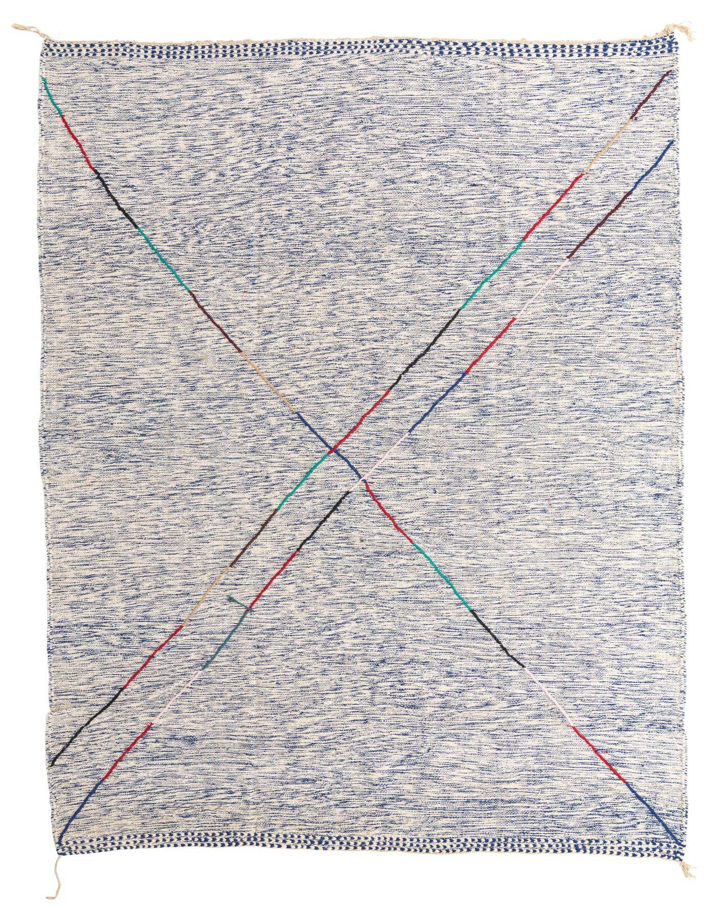 A 9x12 rectangular blue and white Moroccan shag rug with colorful abstract tribal lines forming an 'X' pattern.