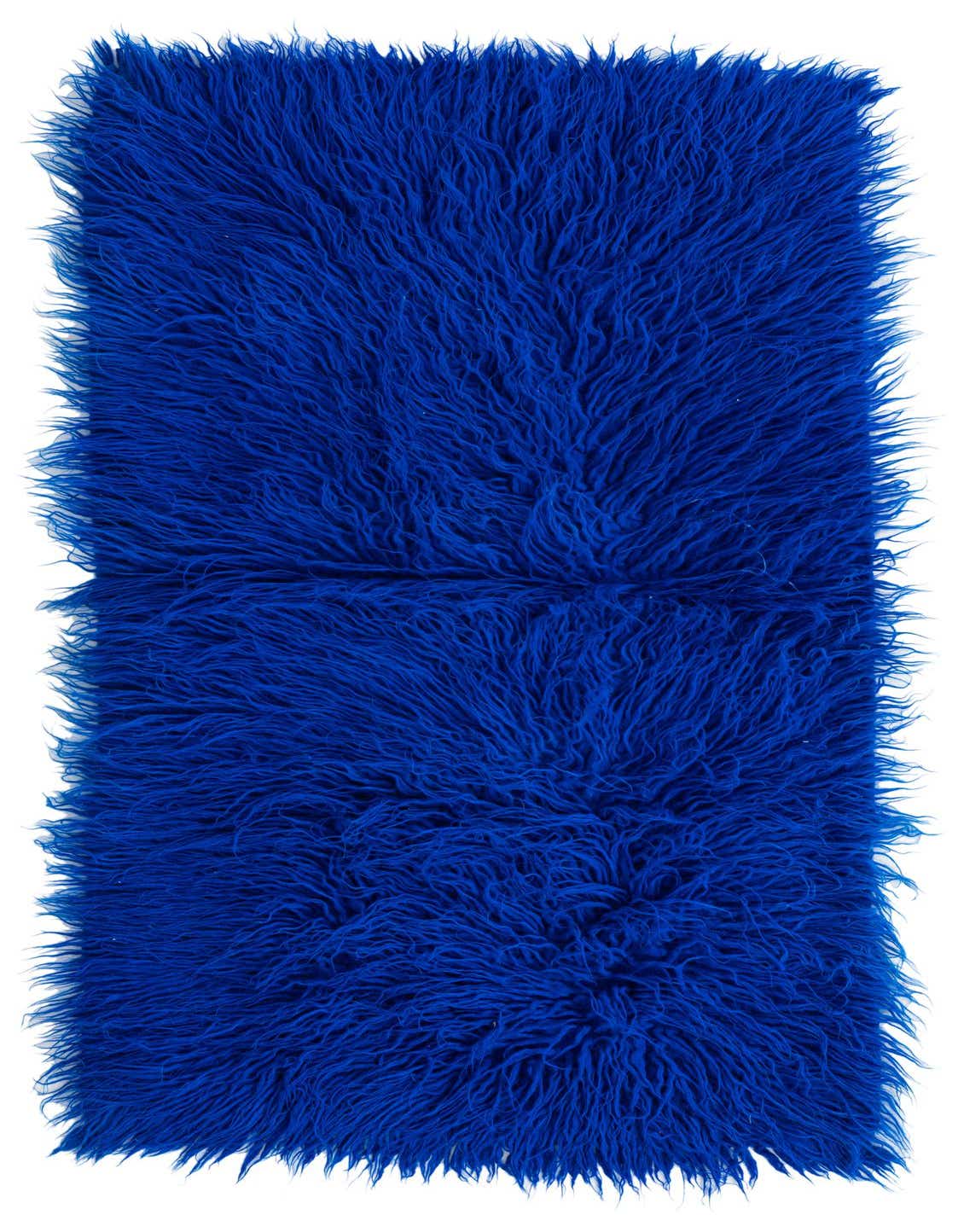 A vibrant 3x5 rectangular blue shag rug with a plush, shaggy texture, perfect for adding a pop of color.