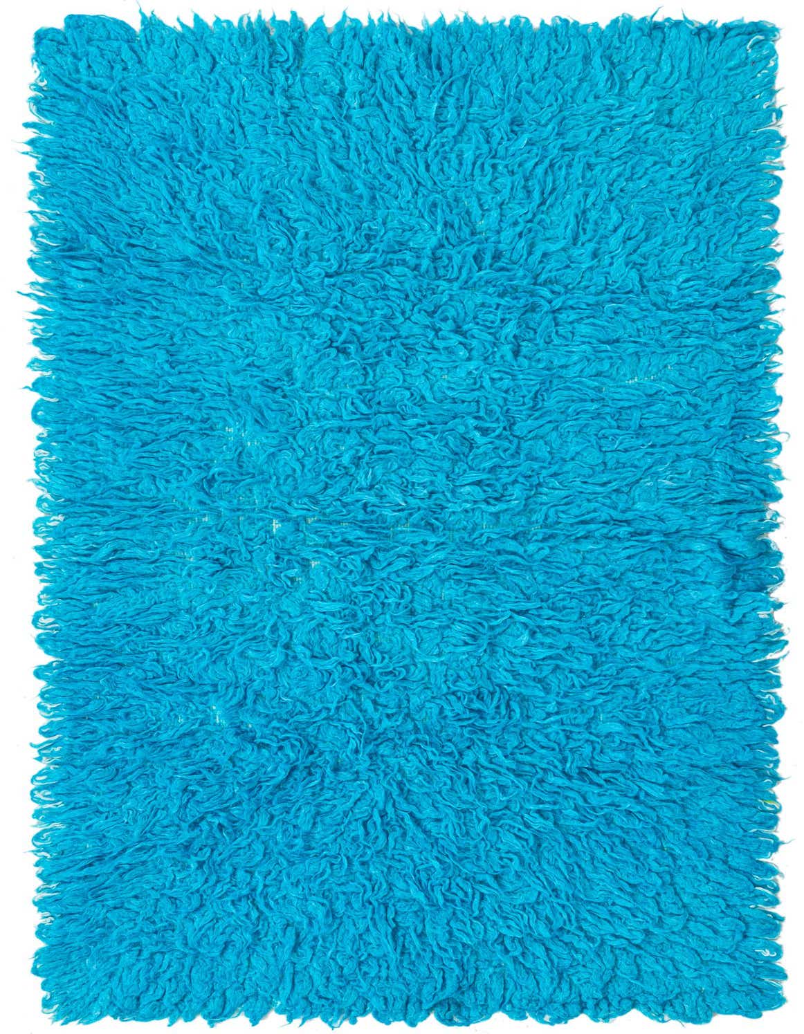 A vibrant 3x5 rectangular shag rug in a bright blue color, featuring a plush, textured wool pile.
