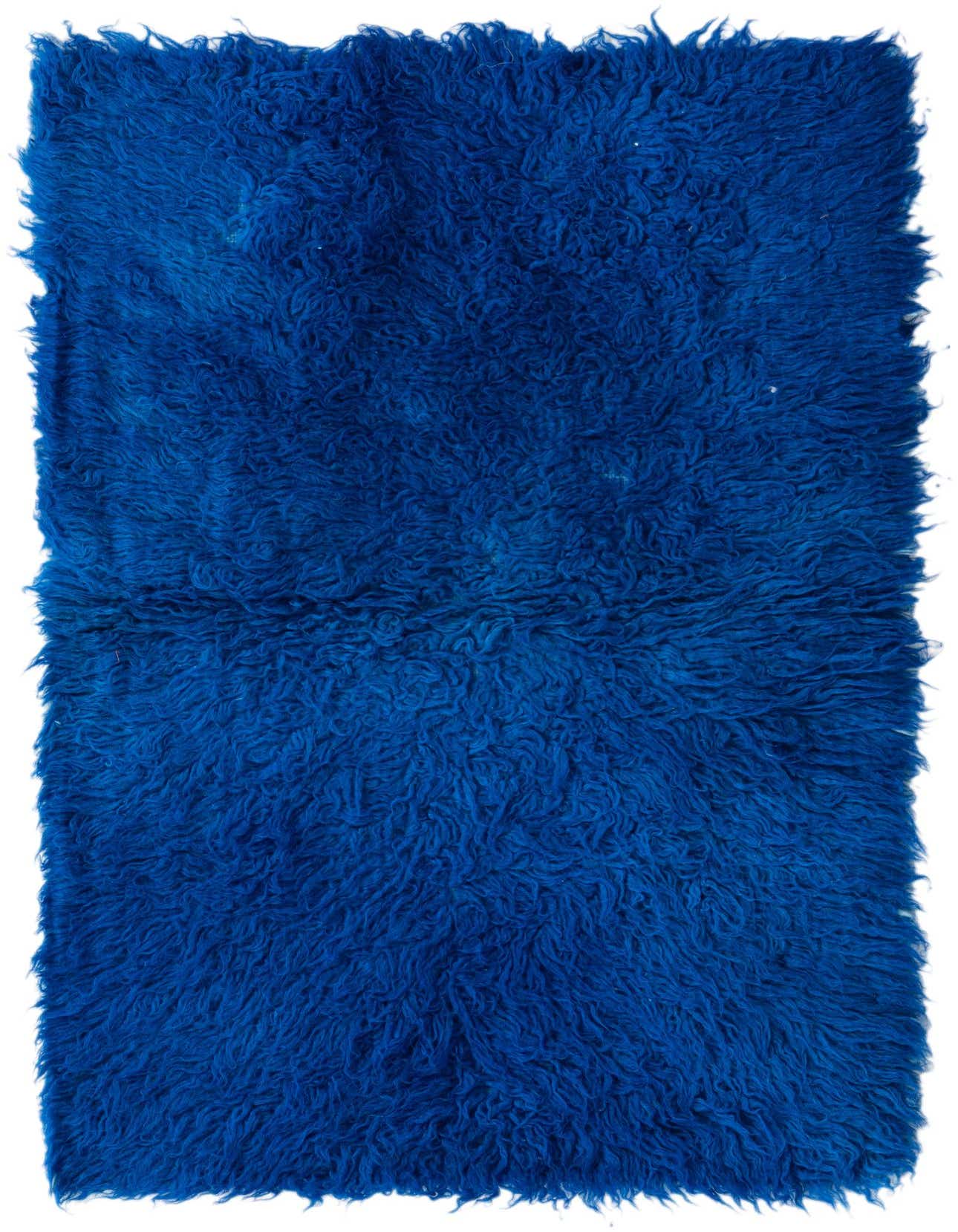 A rectangular 3x4 blue shag rug made of 100% wool, featuring a plush, textured pile.