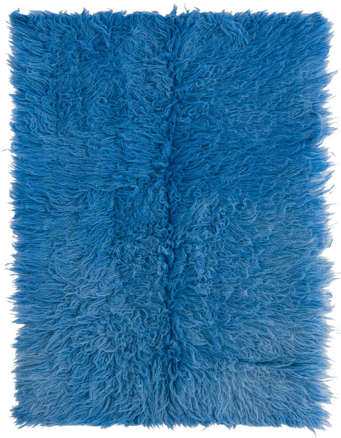 A vibrant 3x4 rectangular blue shag rug made of 100% wool, featuring a plush, shaggy texture.