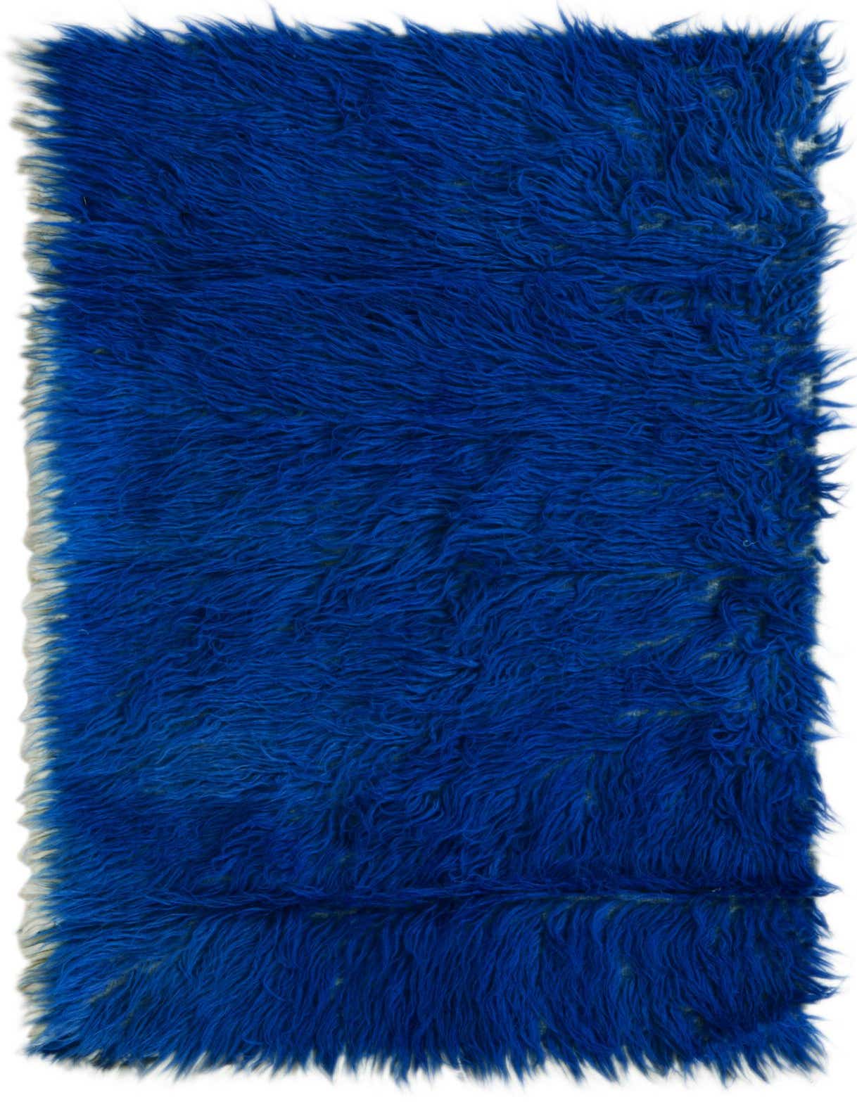 A rectangular 2x3 blue shag rug with a thick, plush pile, handmade from wool, ideal for indoor spaces.