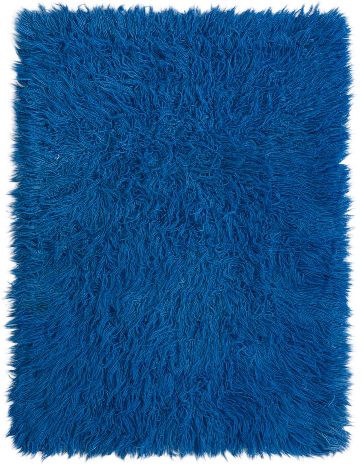 A rectangular 3x4 blue shag rug made of 100% wool, featuring a plush, textured pile.
