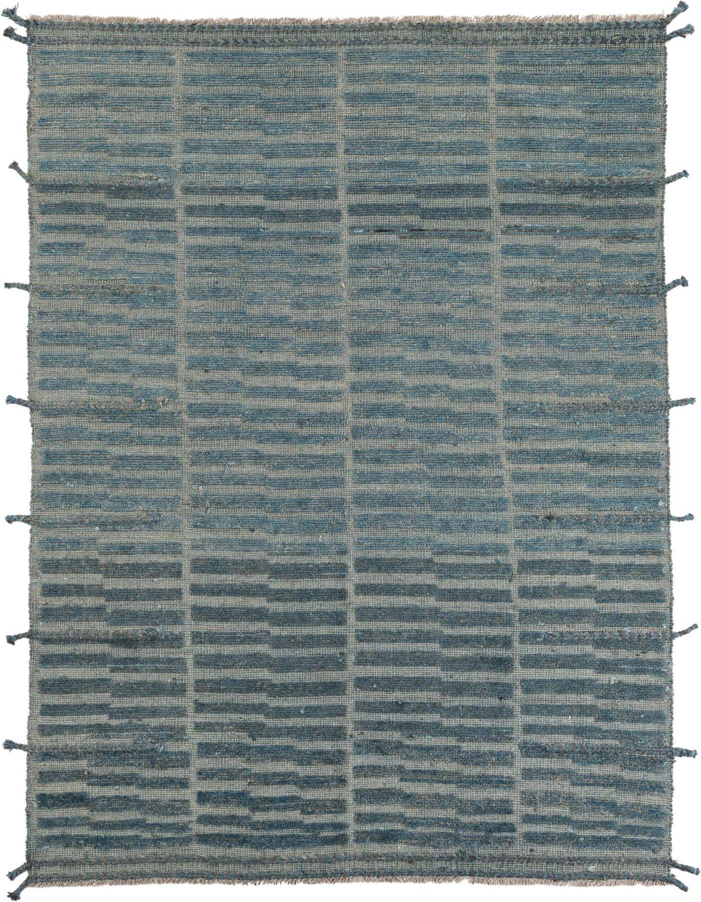 A 5x8 rectangular blue tribal wool shag rug featuring a modern stripe pattern, suitable for a living room or bedroom.
