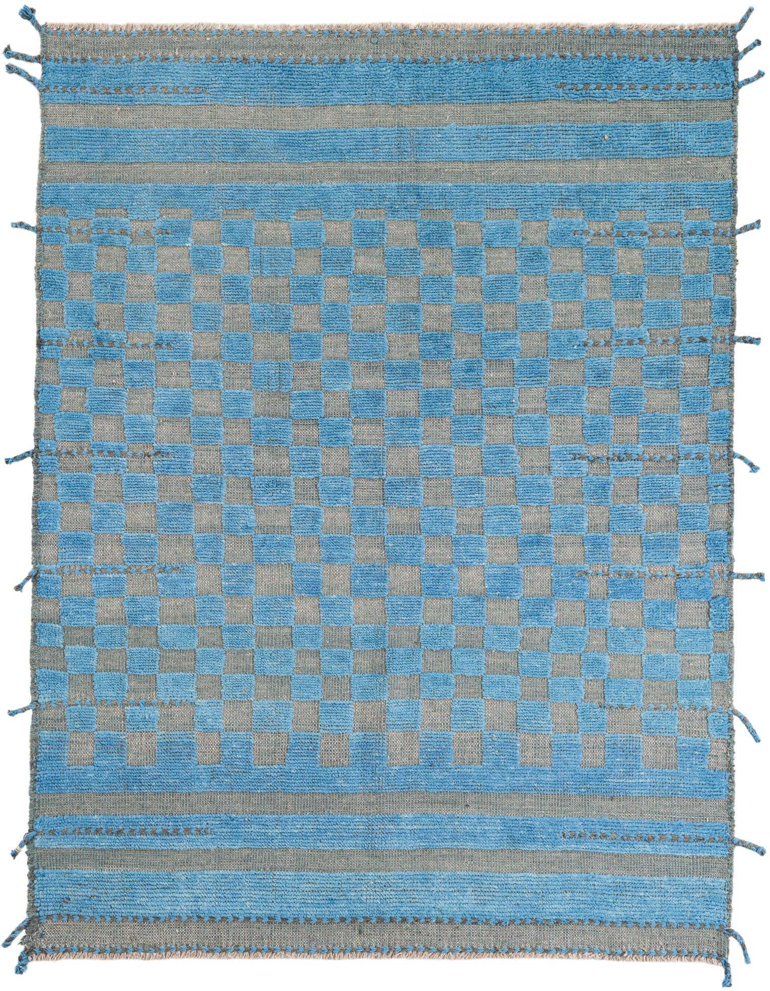 A 5x8 rectangular blue and grey wool shag rug with a modern checkerboard pattern and striped borders.