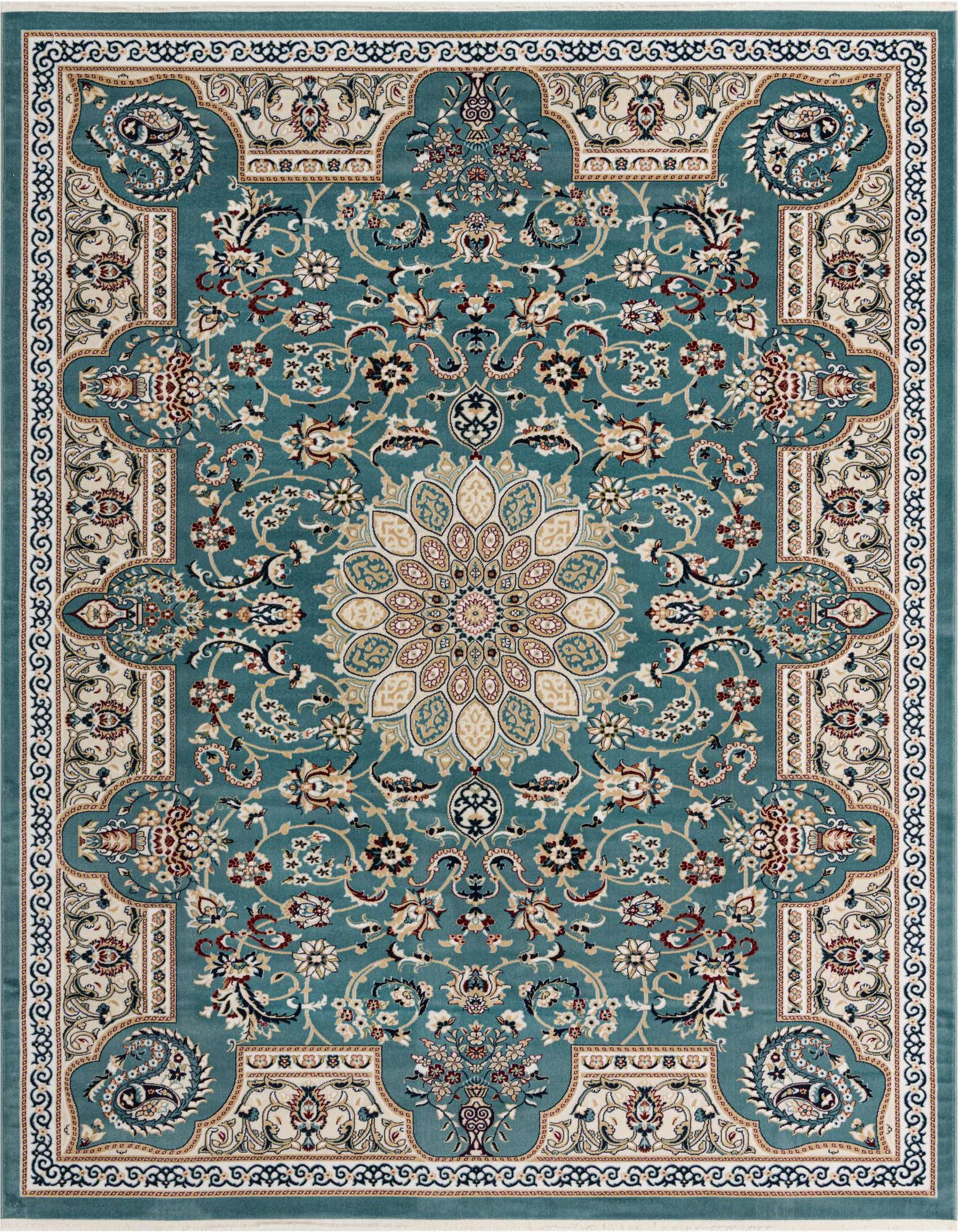 An 8x10 rectangular blue traditional area rug featuring a central medallion and intricate botanical patterns.