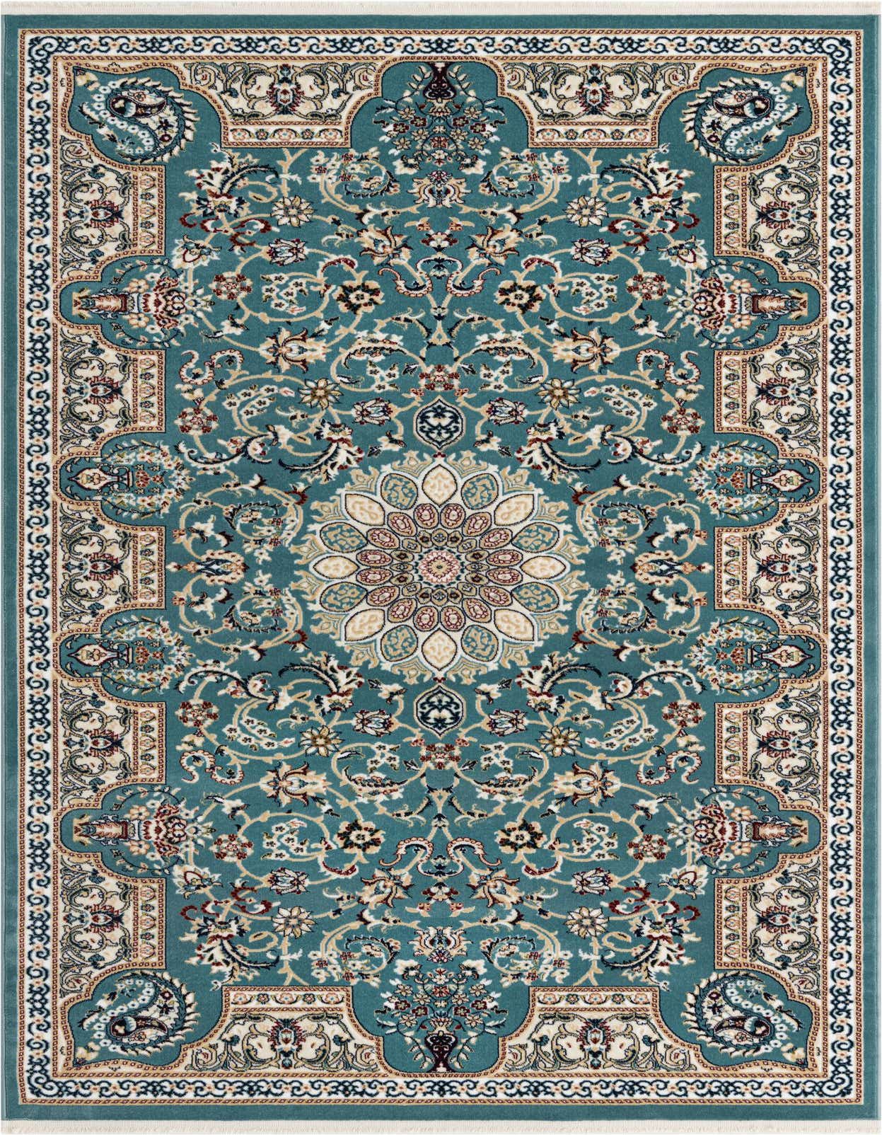 A 5x8 rectangular blue traditional area rug featuring a central medallion and intricate botanical patterns with cream, red, and gold accents.