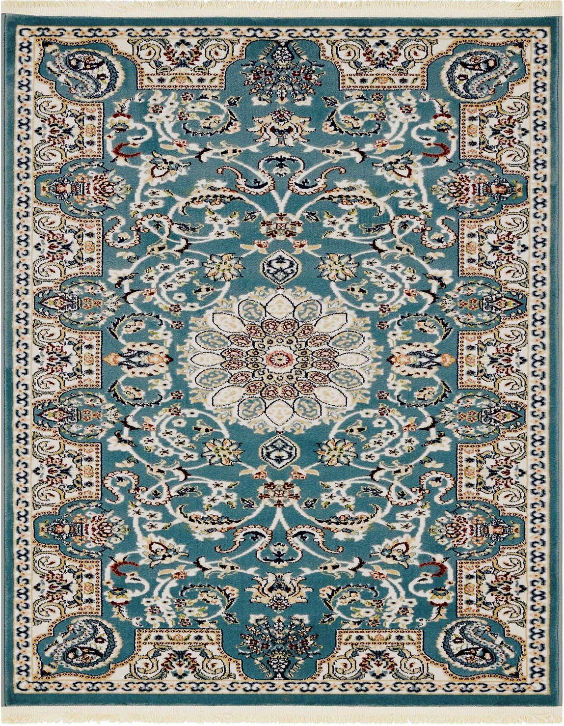A 3x5 rectangular blue traditional rug with a central medallion and botanical patterns, featuring a high-low textured pile.