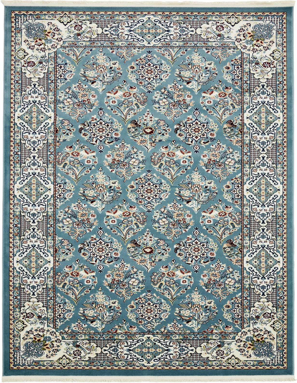 A 5x8 rectangular blue traditional area rug with an intricate botanical and trellis pattern and a detailed border.