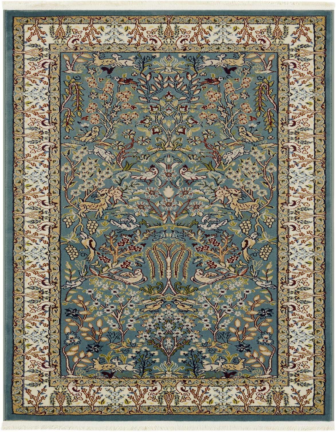 A 3x5 rectangular blue oriental rug with a traditional botanical pattern featuring trees, birds, and deer, bordered by a cream and gold floral design.