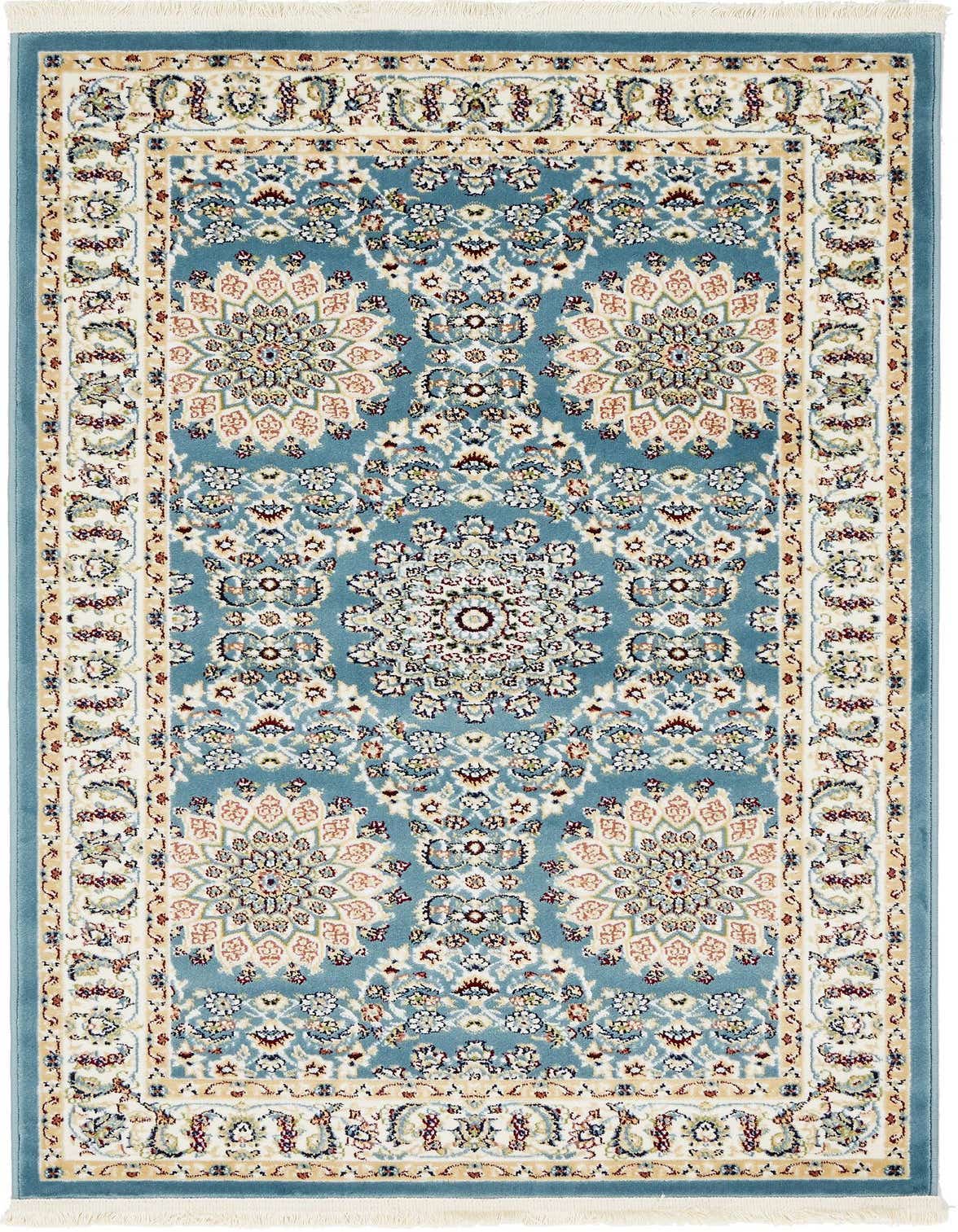 A 3x5 rectangular blue area rug featuring a traditional Oriental floral pattern with cream, red, and gold accents.