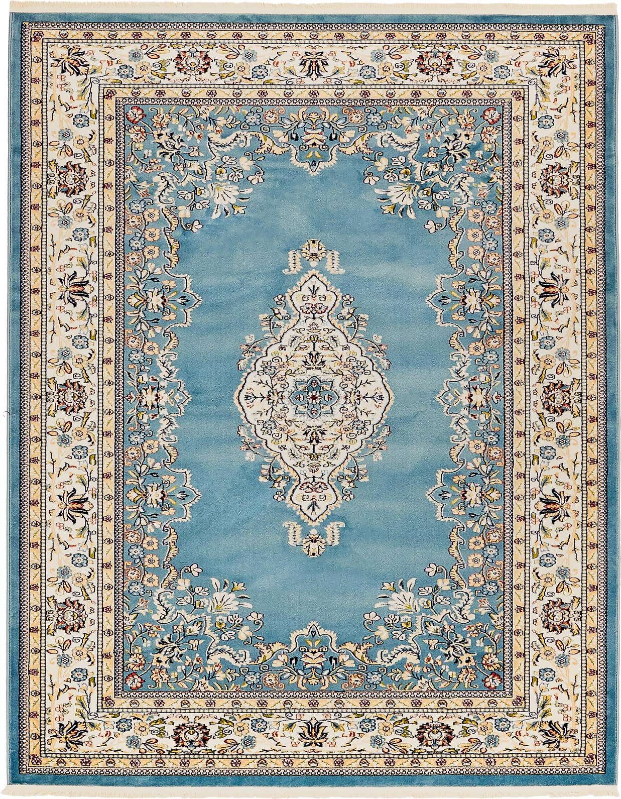 A 5x8 rectangular blue area rug with a traditional medallion pattern and ornate floral border, suitable for a living room.