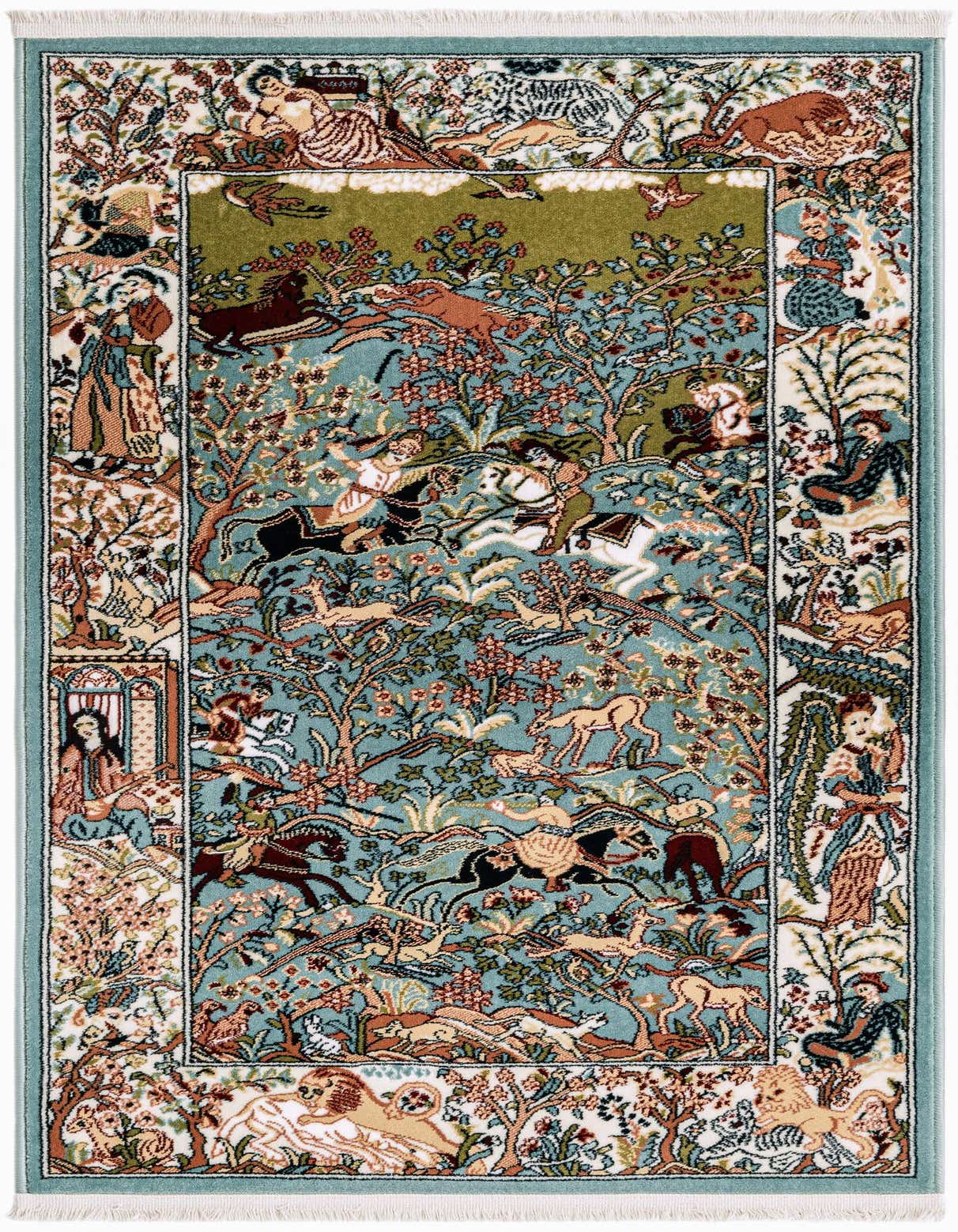 A 3x4 rectangular blue traditional rug featuring a detailed hunting scene with horses, deer, and figures, surrounded by an ornate floral border.