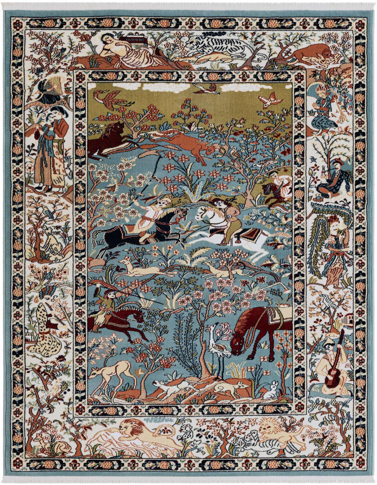 A rectangular 4x6 blue area rug with a detailed Persian-style hunting scene featuring horses, deer, and figures in a lush landscape, framed by an ornate border.