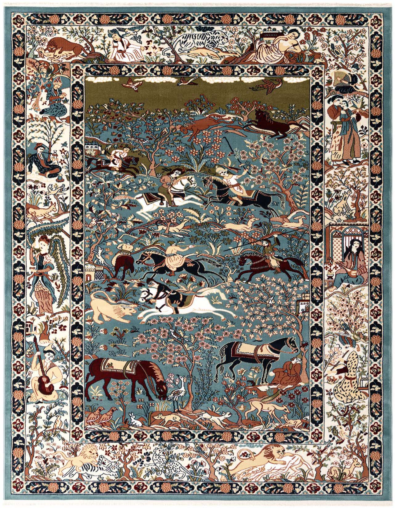 A 6x9 rectangular blue oriental rug featuring a detailed hunting scene with horsemen, animals, and trees, bordered by traditional figures.