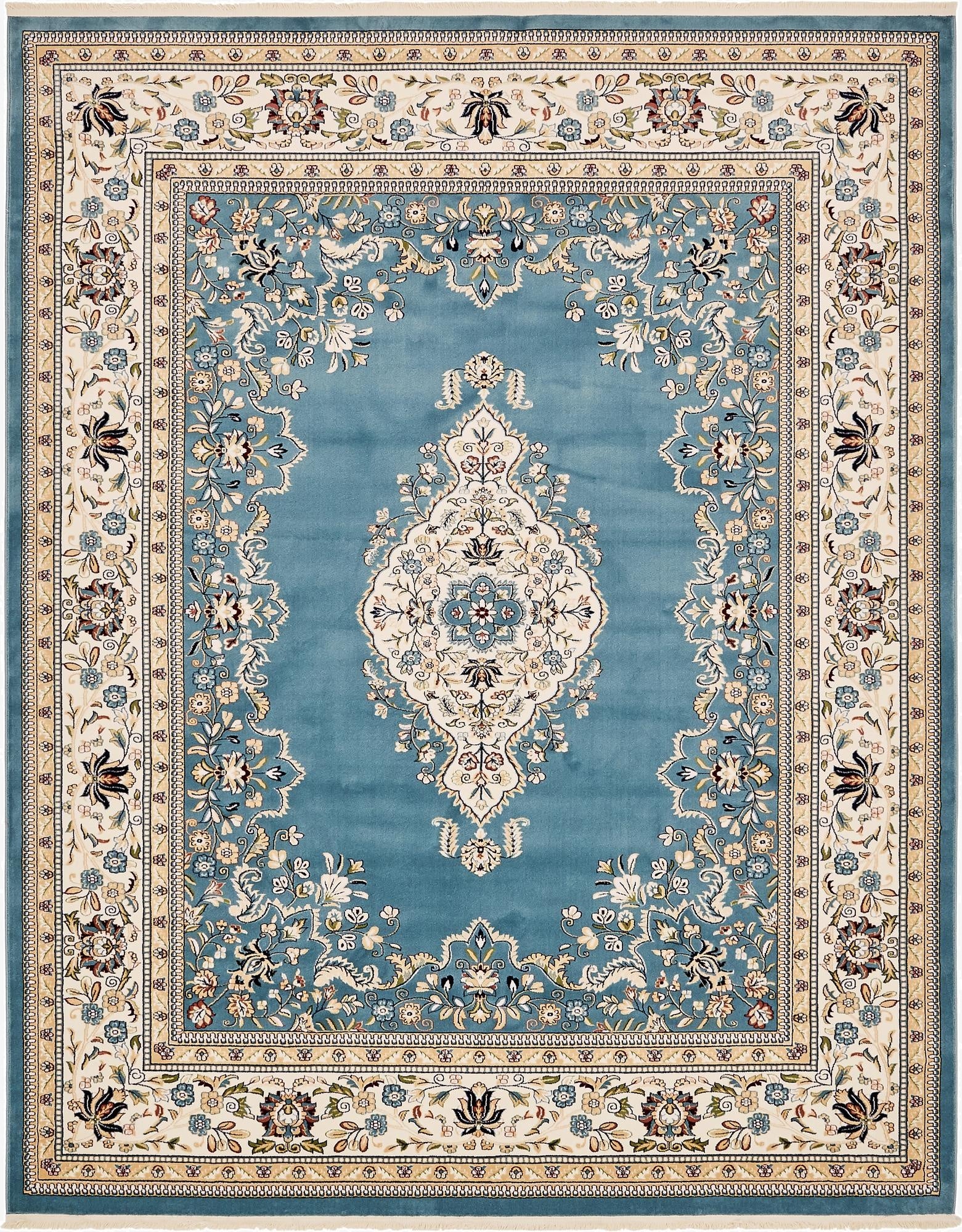 An 8x10 rectangular blue traditional rug with a central medallion and botanical border, ideal for a living room.