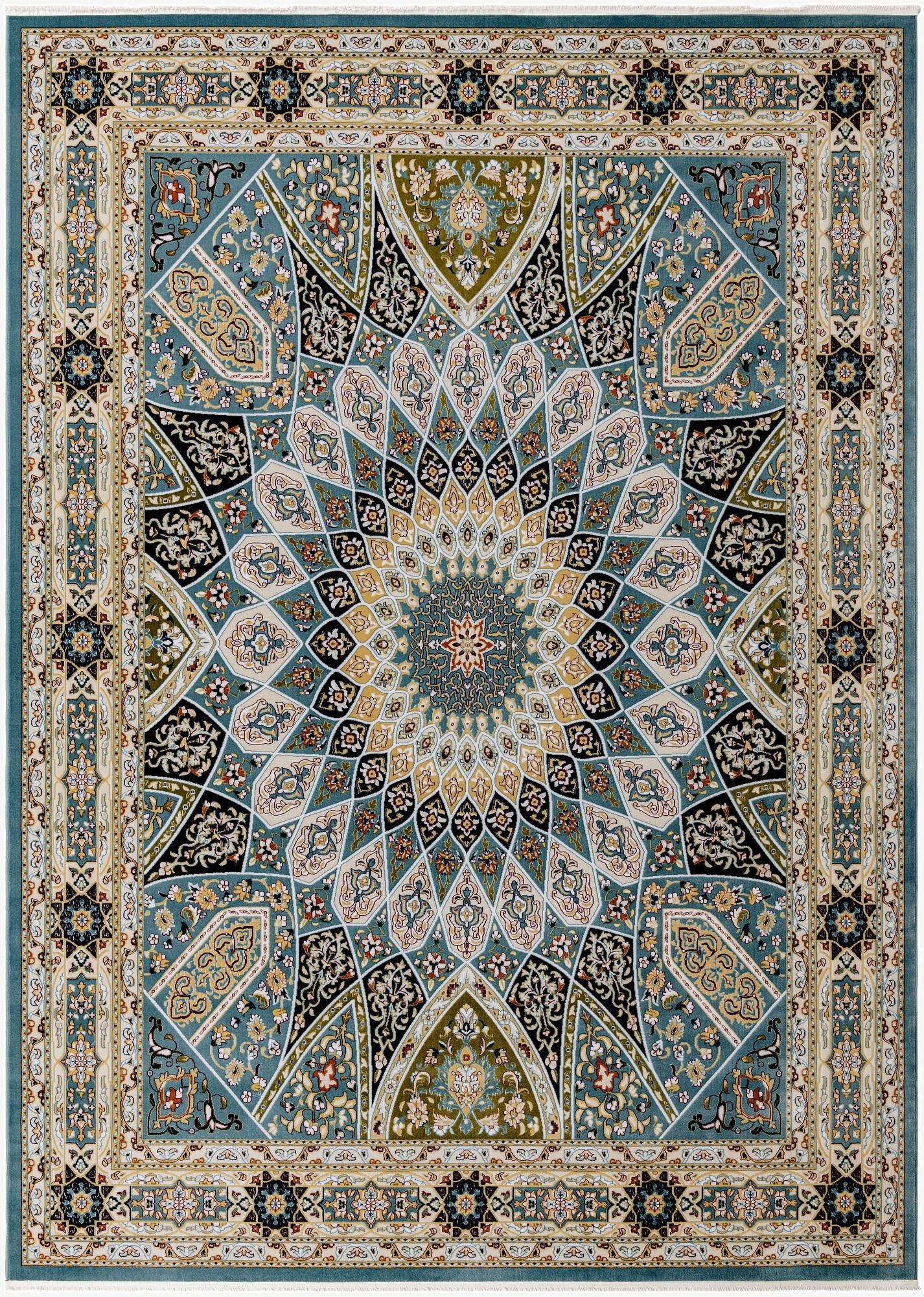 A 9x12 rectangular traditional blue rug with an intricate medallion and floral pattern in gold, black, and cream.