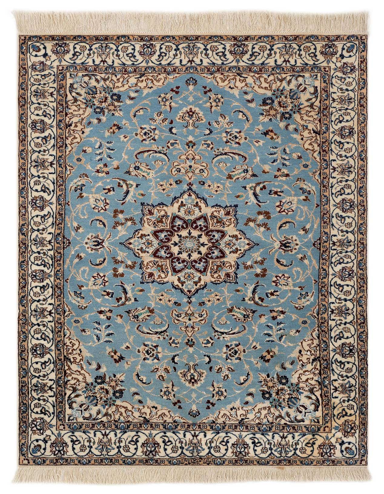 A 3x5 rectangular blue Persian rug with an intricate floral medallion pattern in cream, brown, and navy, featuring fringed ends.