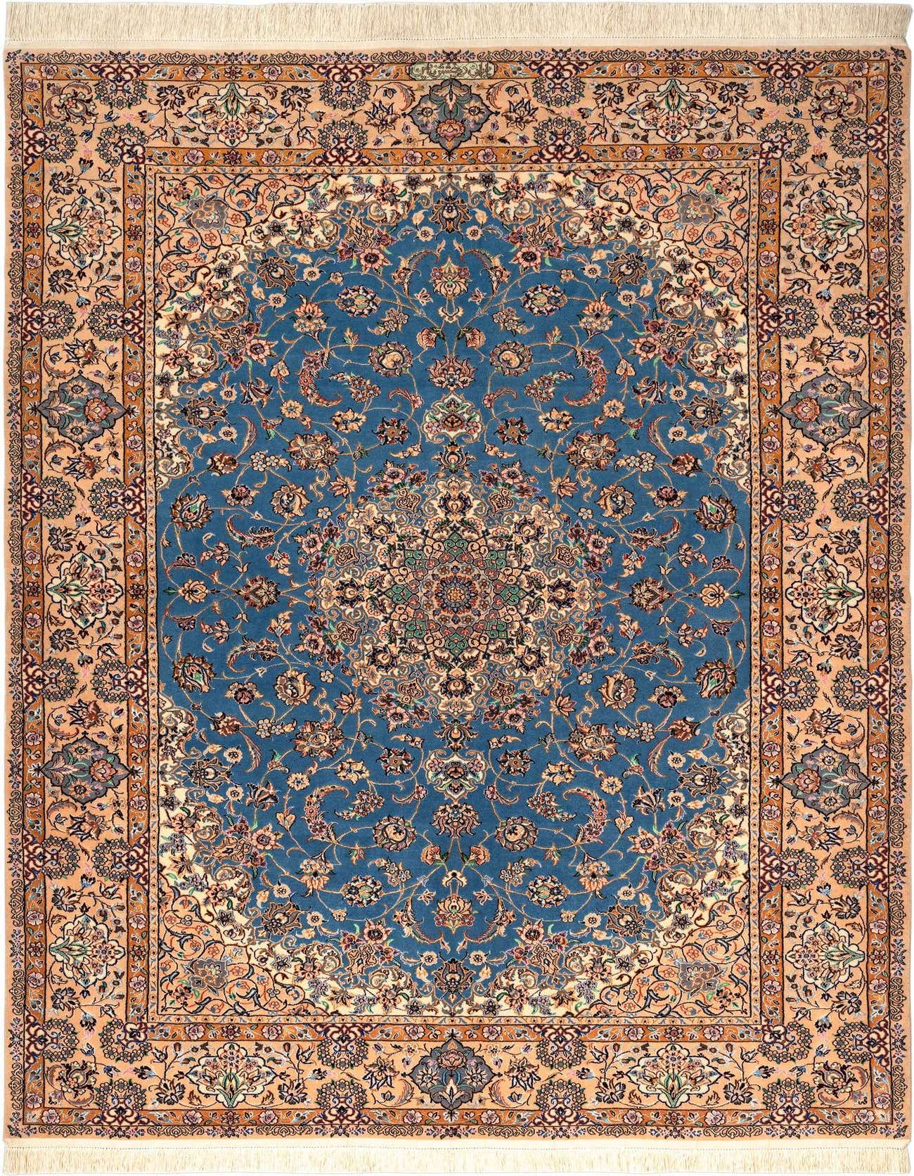 A 5x8 rectangular handmade Persian rug featuring a detailed blue field with an elaborate floral medallion and a complementary peach border.