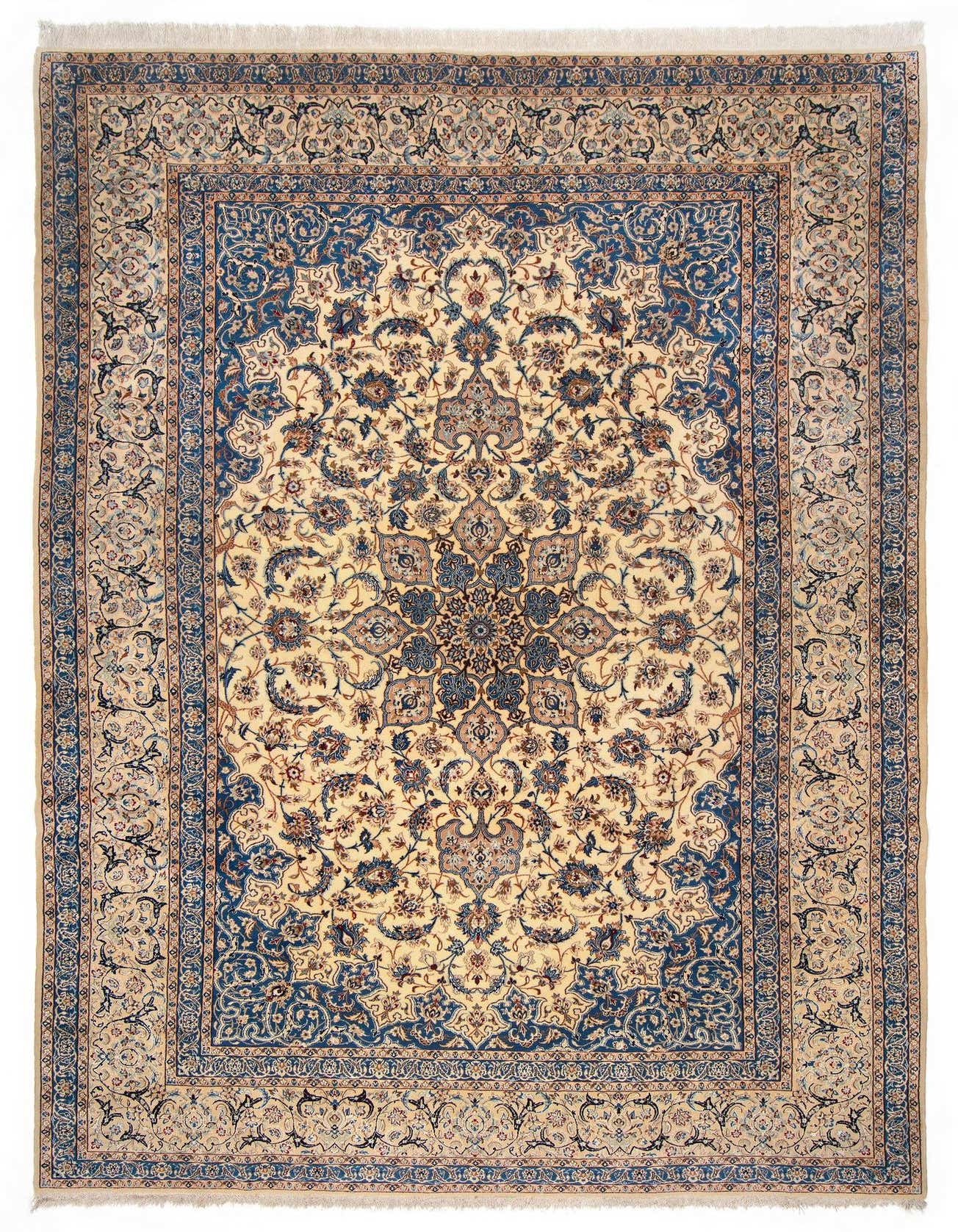 A 9x12 rectangular Persian rug with a central medallion and intricate floral patterns in shades of blue and cream.
