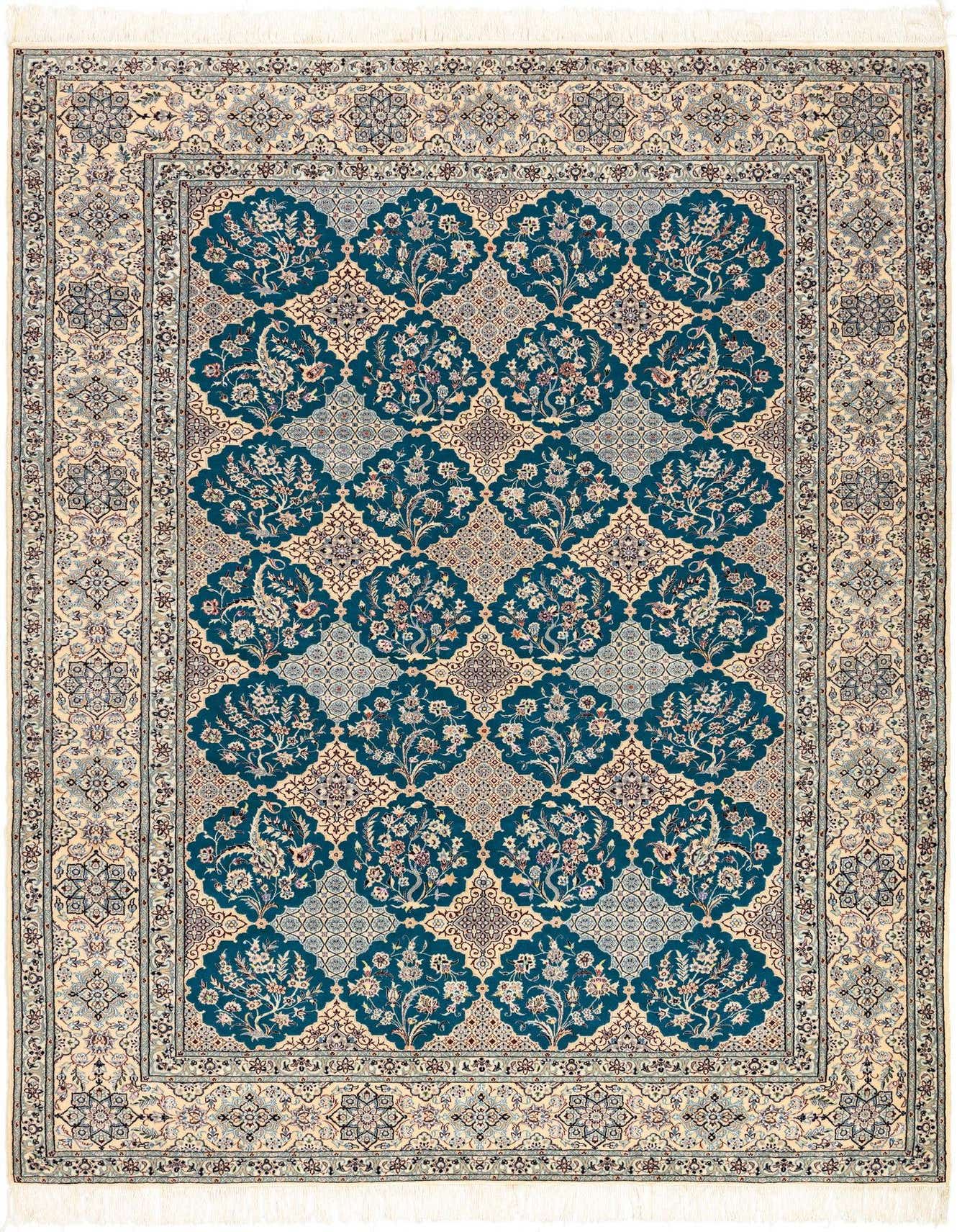 A 7x10 rectangular Persian rug featuring a repeating pattern of teal floral medallions on a cream background, framed by an intricate border.
