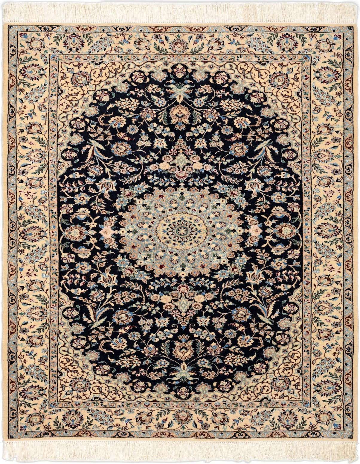 A 4x6 rectangular indoor Persian rug with a dark blue field and intricate floral patterns, framed by a cream border.