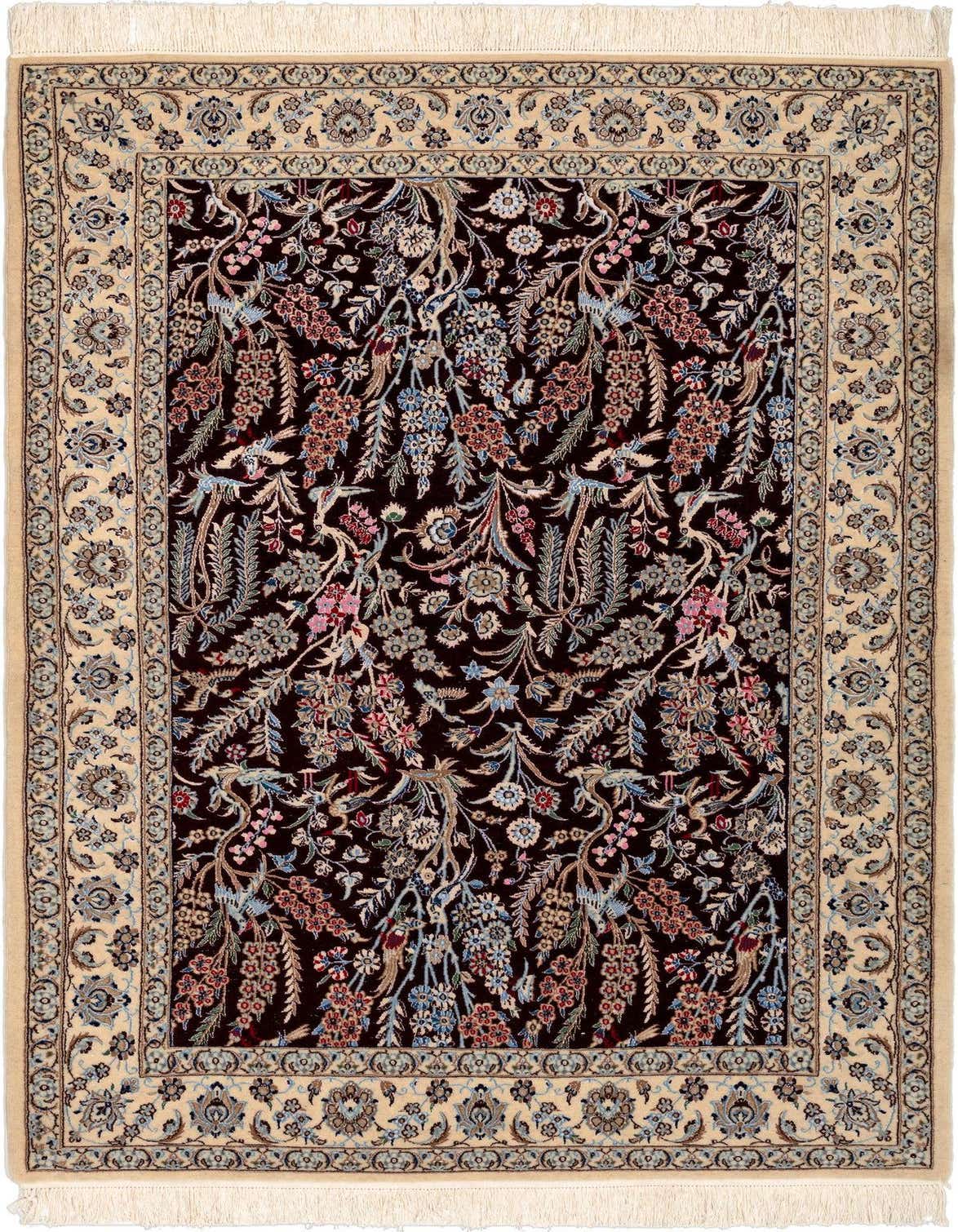 A 4x6 rectangular handmade Persian rug with a dark blue field and intricate floral patterns in blue, pink, and beige, bordered by a light beige frame with complementary designs.