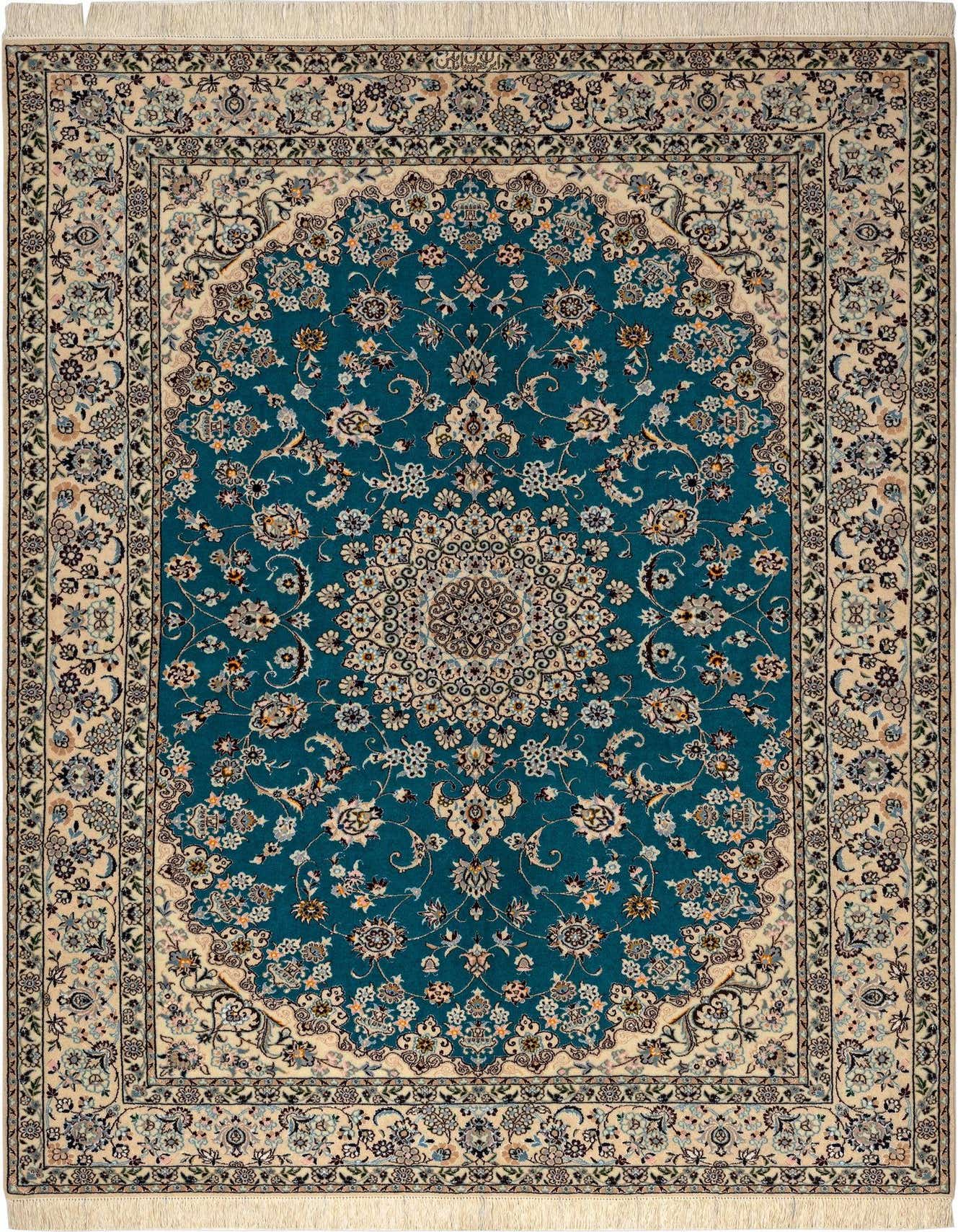 A 5x8 rectangular Persian rug with a central medallion, featuring intricate floral patterns in shades of blue and cream.